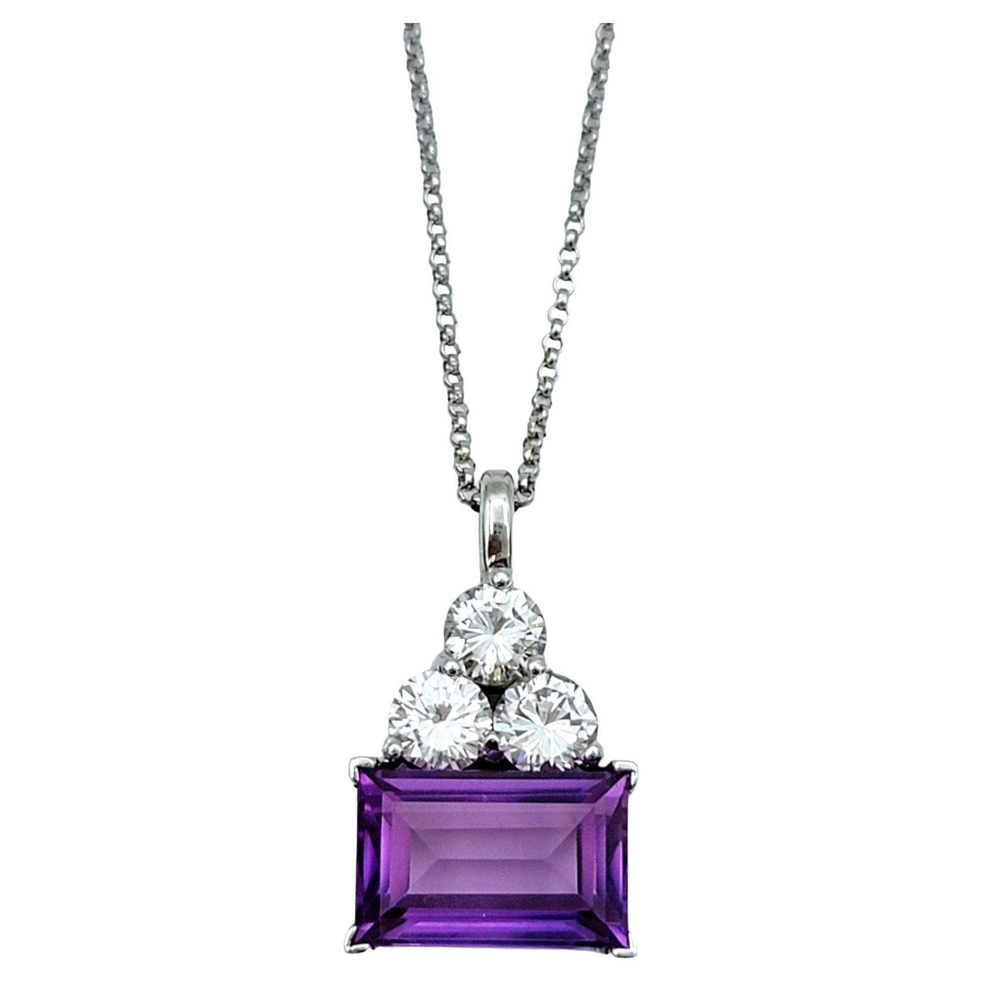 Oliver Smith Emerald Cut Amethyst and Round Diamond Trio Pendant Necklace