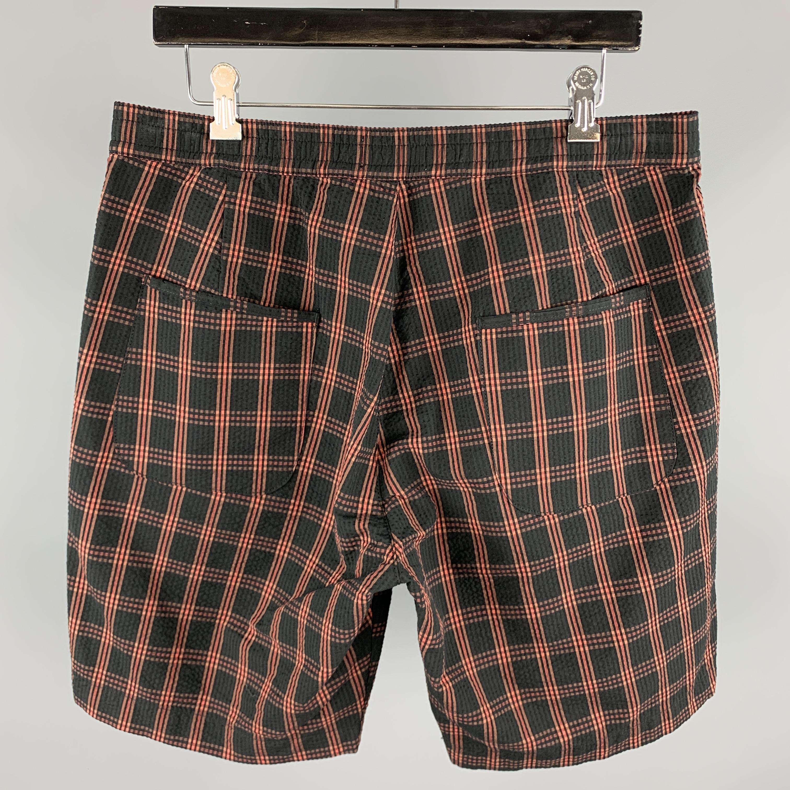 Men's OLIVER SPENCER Size M Black & Orange Plaid Cotton Button Fly Shorts