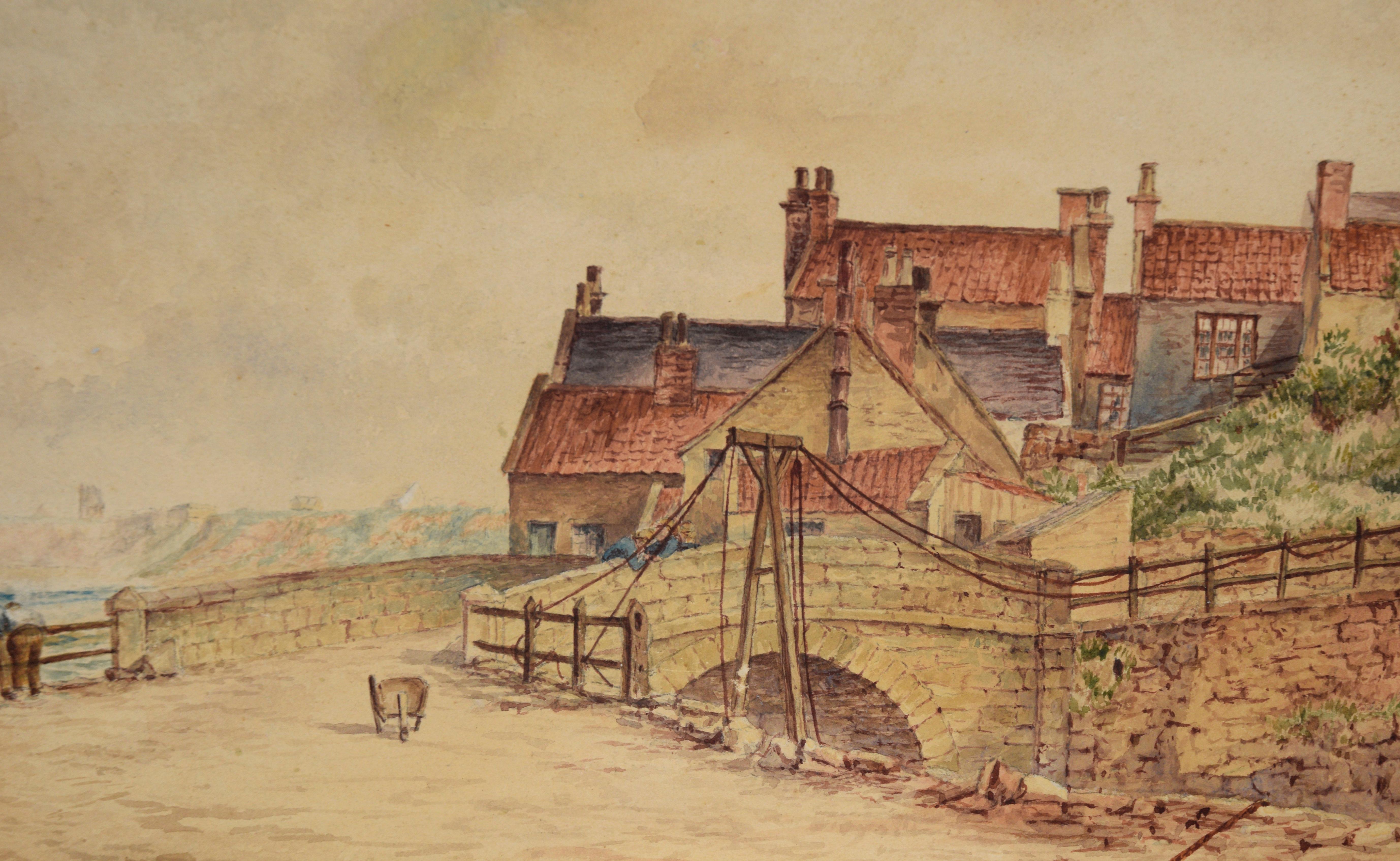 English Country Landscape - Watercolor on Paper

Watercolor painting depicting an American country landscape by Oliver Louis Tweddle (English, B-1860). Four fishermen stand upon a bridge, with multicolored countryside cottages to the right of the