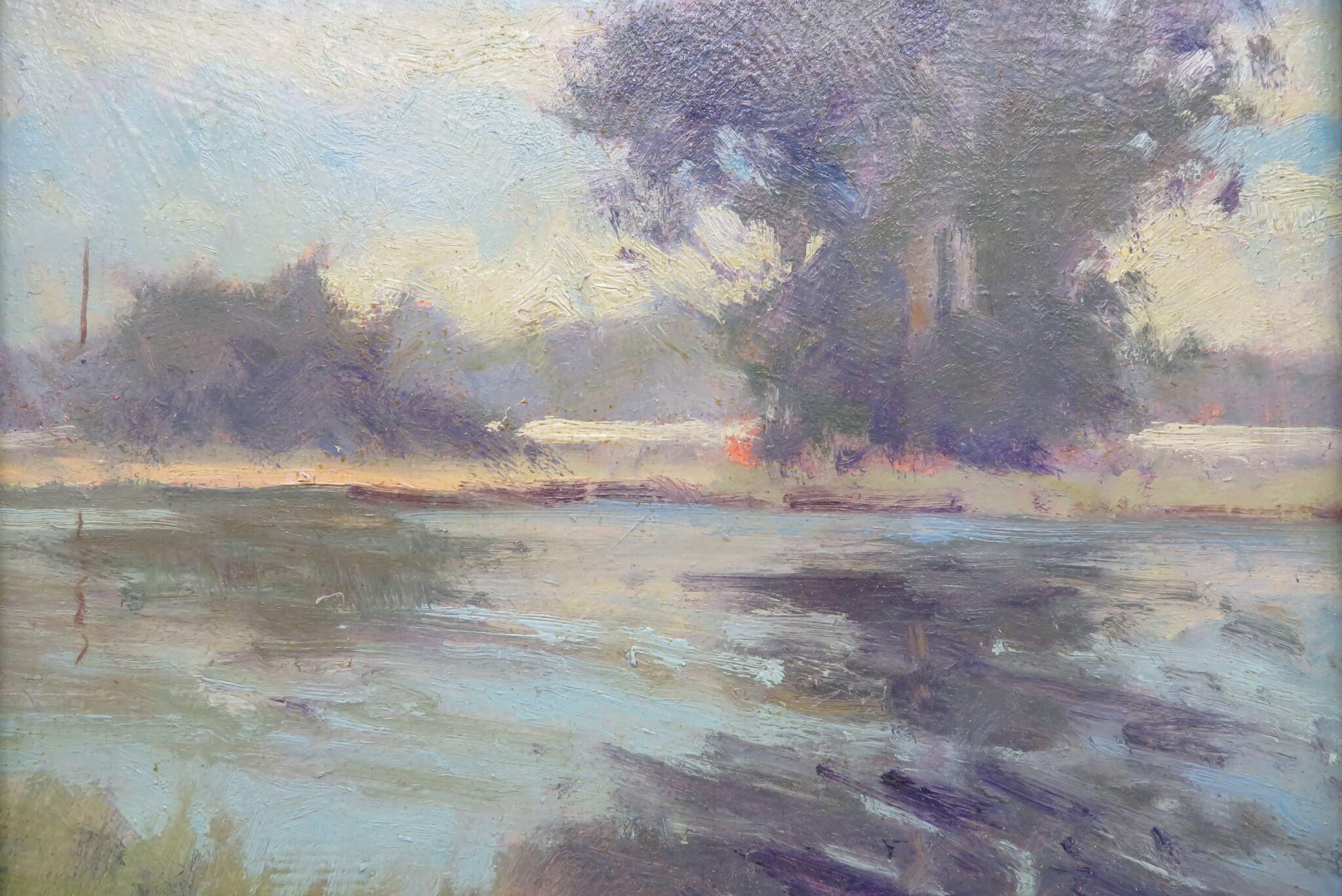 Piccolo dipinto ad olio originale di English Impressionist del pittore inglese Oliver Warman - Landscape Painting Nero di Oliver Warman RBA ROI