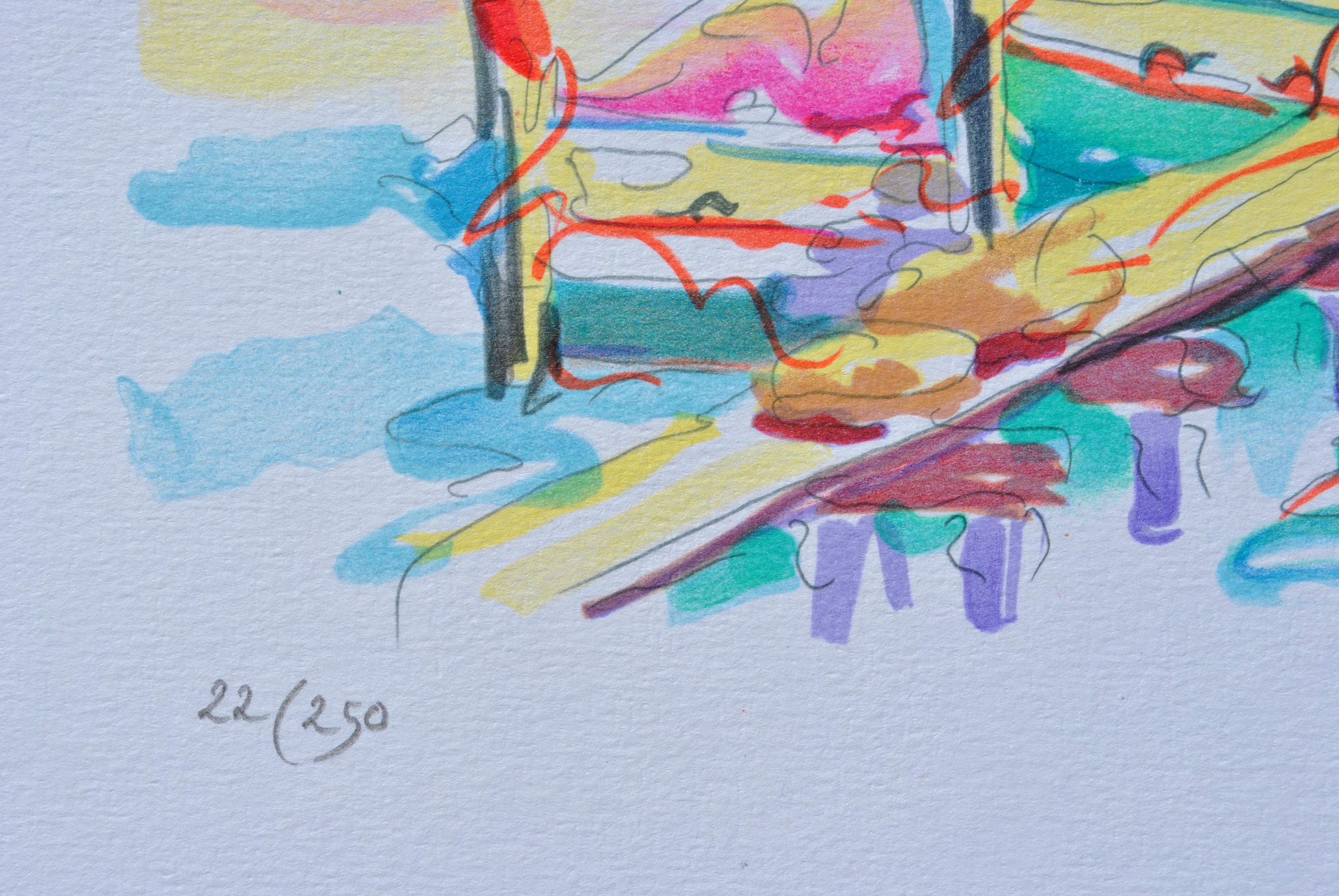 RIVIERA :  Fishermen at Cassis - Original Lithograph, HANDSIGNED & Ltd /250 - Blue Landscape Print by Oliver ZLADKU