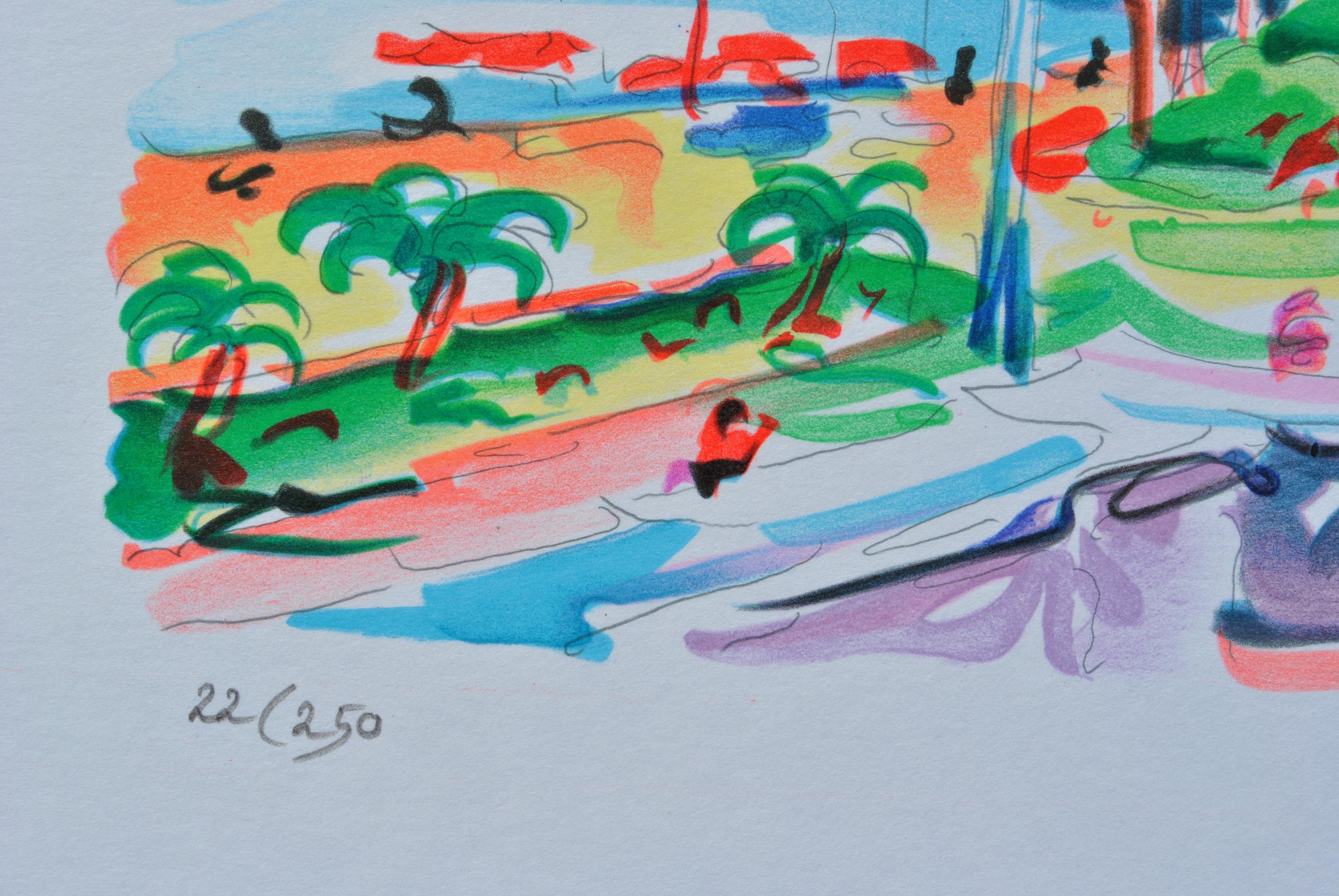 RIVIERA : Negresco Palace - Original Lithograph, HANDSIGNED & Ltd /250 - Blue Landscape Print by Oliver ZLADKU