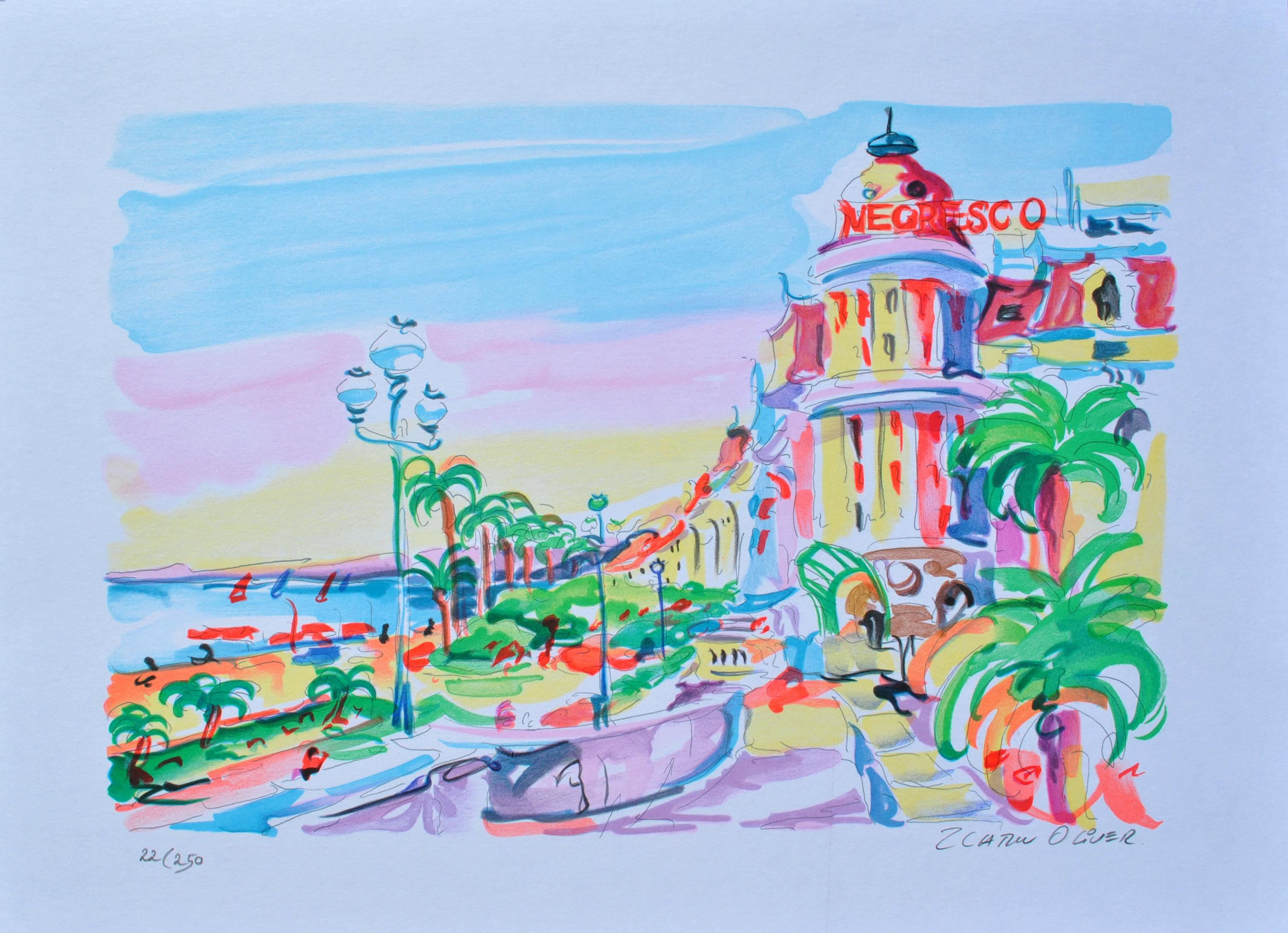 Oliver ZLADKU Landscape Print - RIVIERA : Negresco Palace - Original Lithograph, HANDSIGNED & Ltd /250