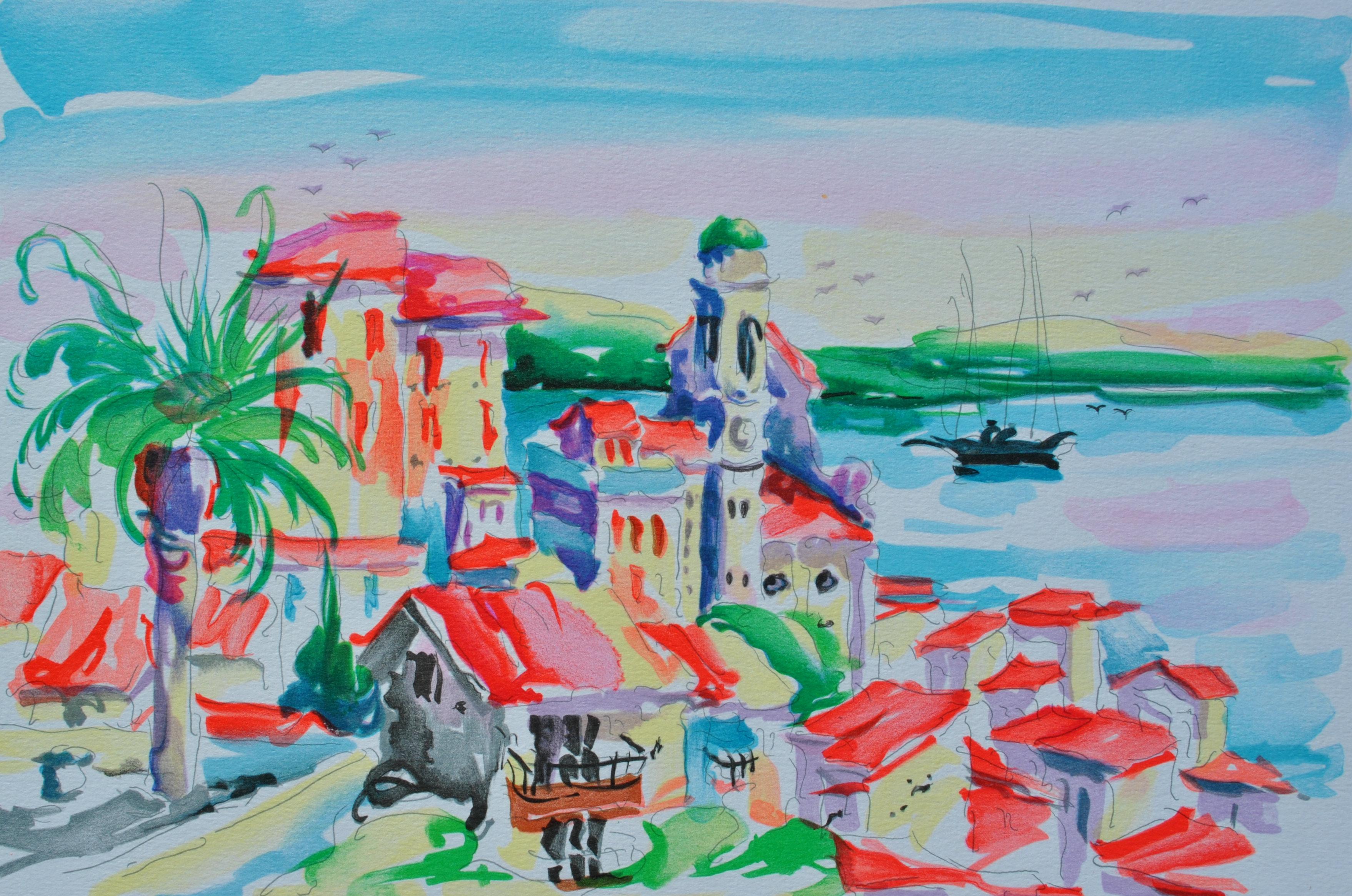 RIVIERA : Saint Tropez Village - Original Lithograph, HANDSIGNED & Ltd /250 - Print by Oliver ZLADKU
