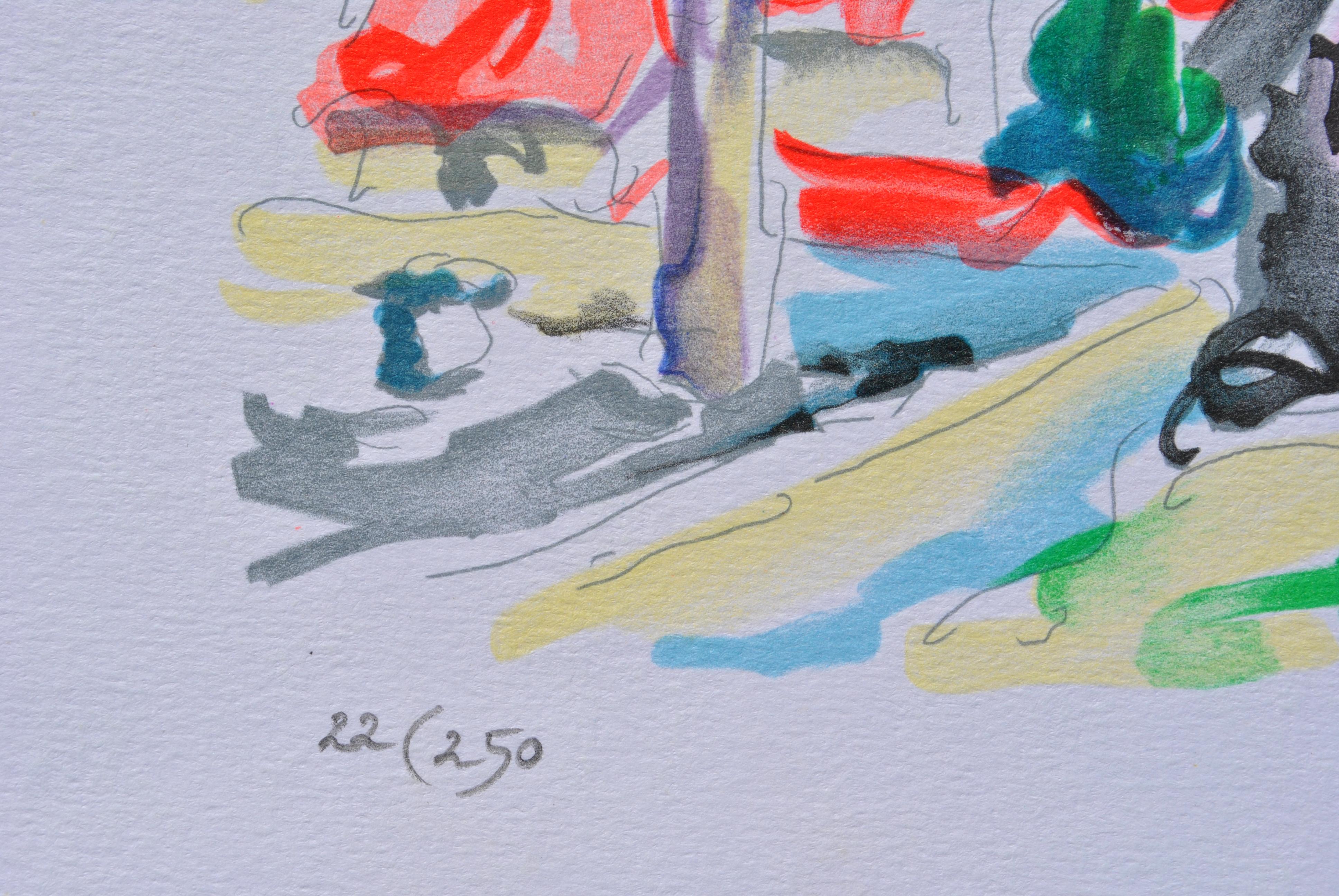RIVIERA : Saint Tropez Village - Original Lithograph, HANDSIGNED & Ltd /250 - Blue Landscape Print by Oliver ZLADKU
