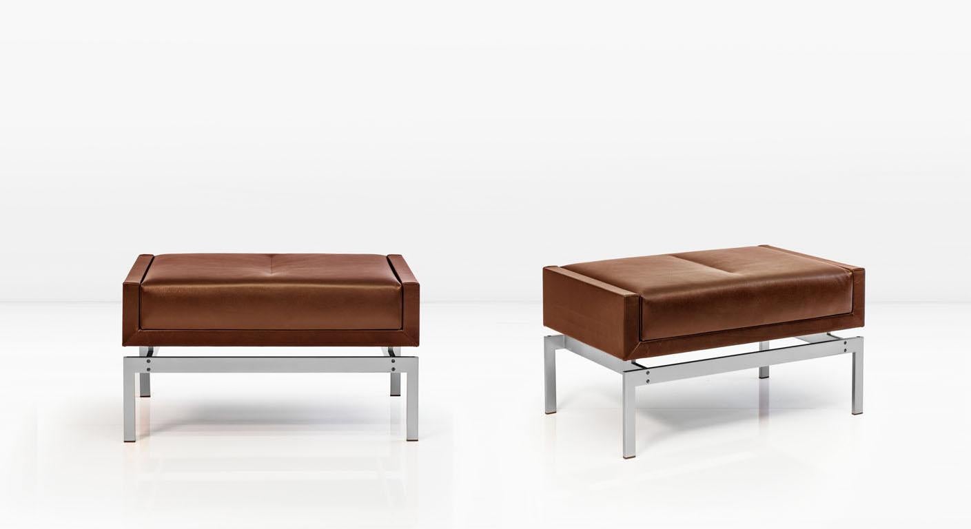 Modern Olivera Ottoman with Nickel Base and Brown Leather, COM or COL For Sale