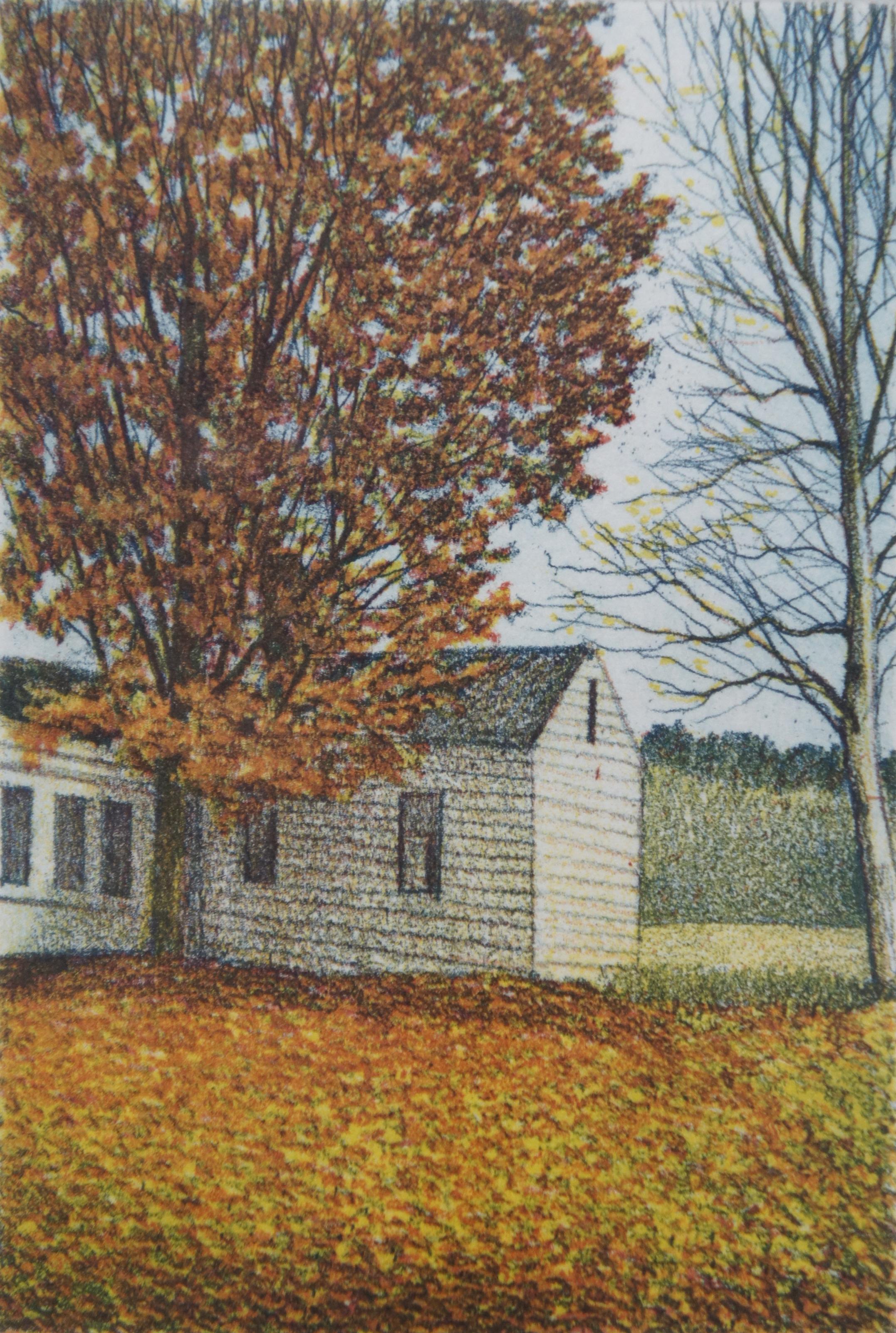 Olivero Masi Pencil Signed Autumn Landscape Etching Country Farmhouse Print 1