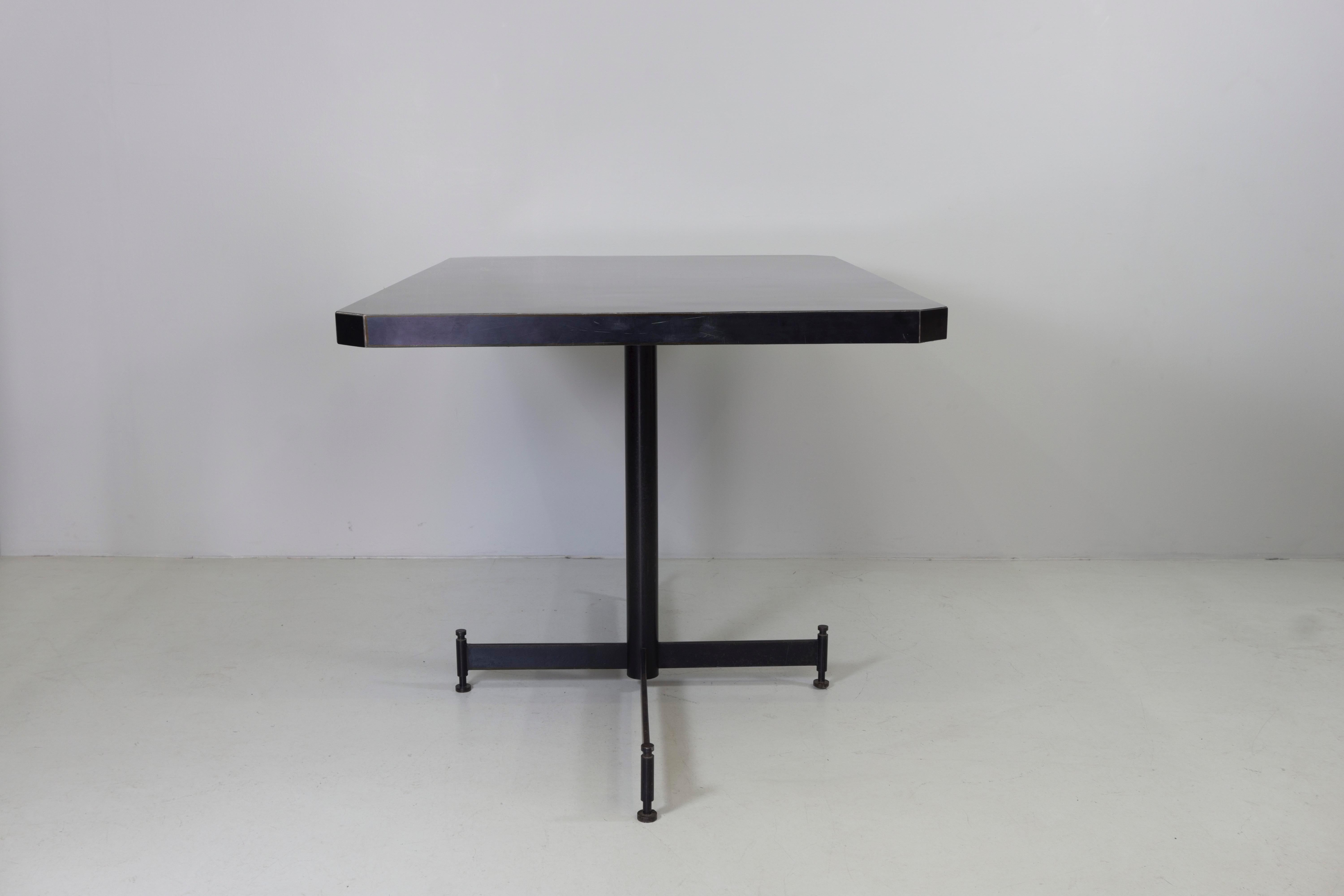 Dining table from the Olivetti Mensa in Ivrea. Plate made of wood, black Formica cover. Black lacquered metal construction, feet adjustable in height.
Design: Ignazio Gardella
Dimensions: W. 125cm, D.85cm, H.78cm
Provenience: Mensa Olivetti ICO