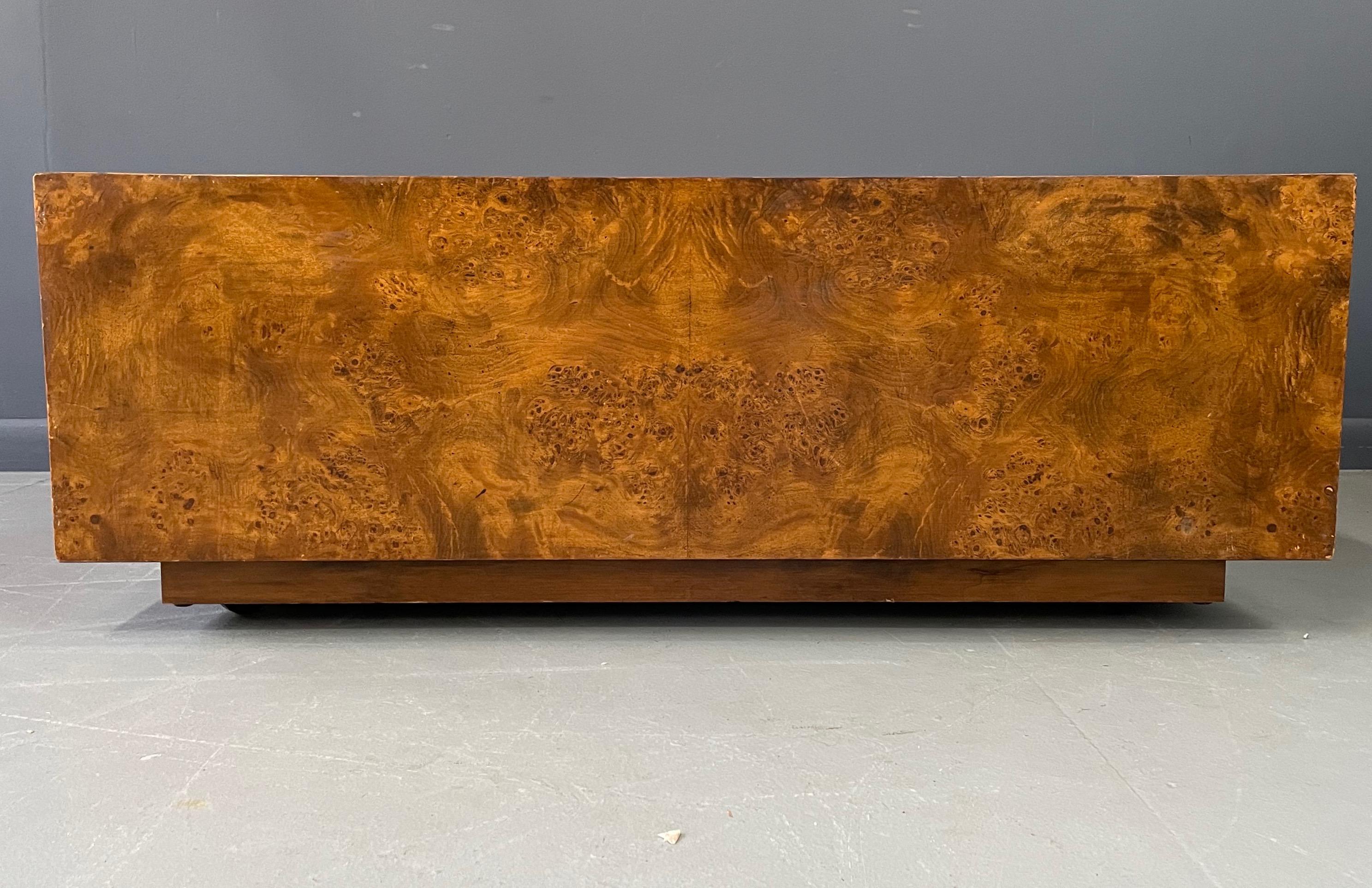 Mid-Century Modern Olivewood Burl Square Cocktail Table in the Style of Milo Baughman Mid Century