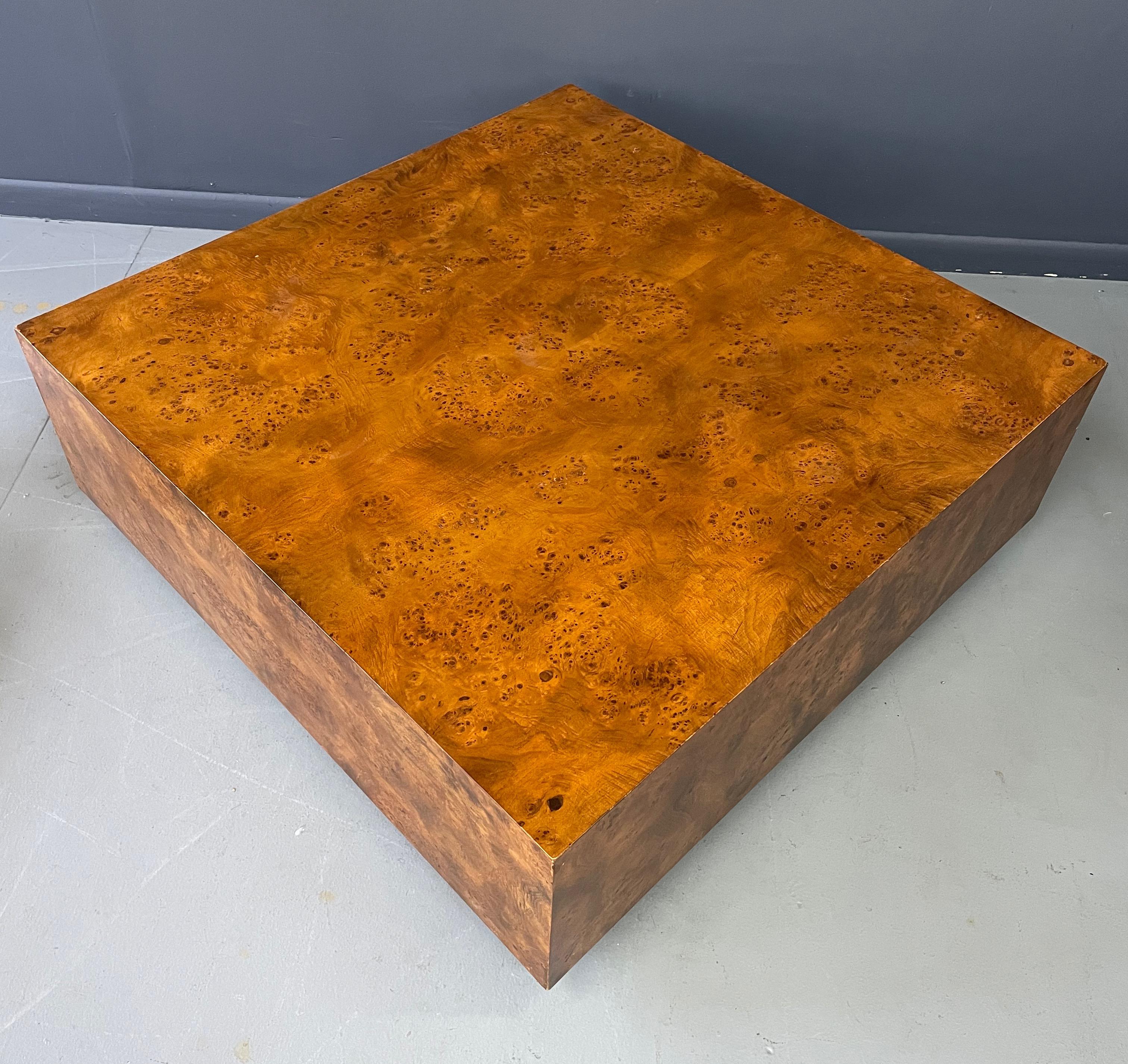 Olivewood Burl Square Cocktail Table in the Style of Milo Baughman Mid Century In Good Condition In Philadelphia, PA