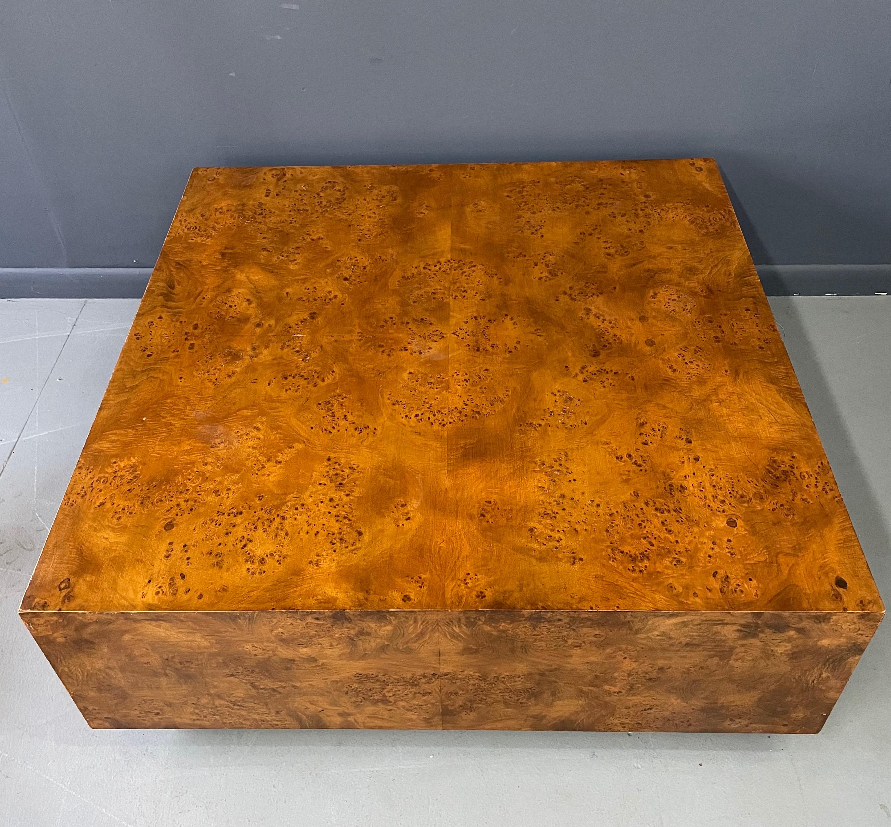 20th Century Olivewood Burl Square Cocktail Table in the Style of Milo Baughman Mid Century