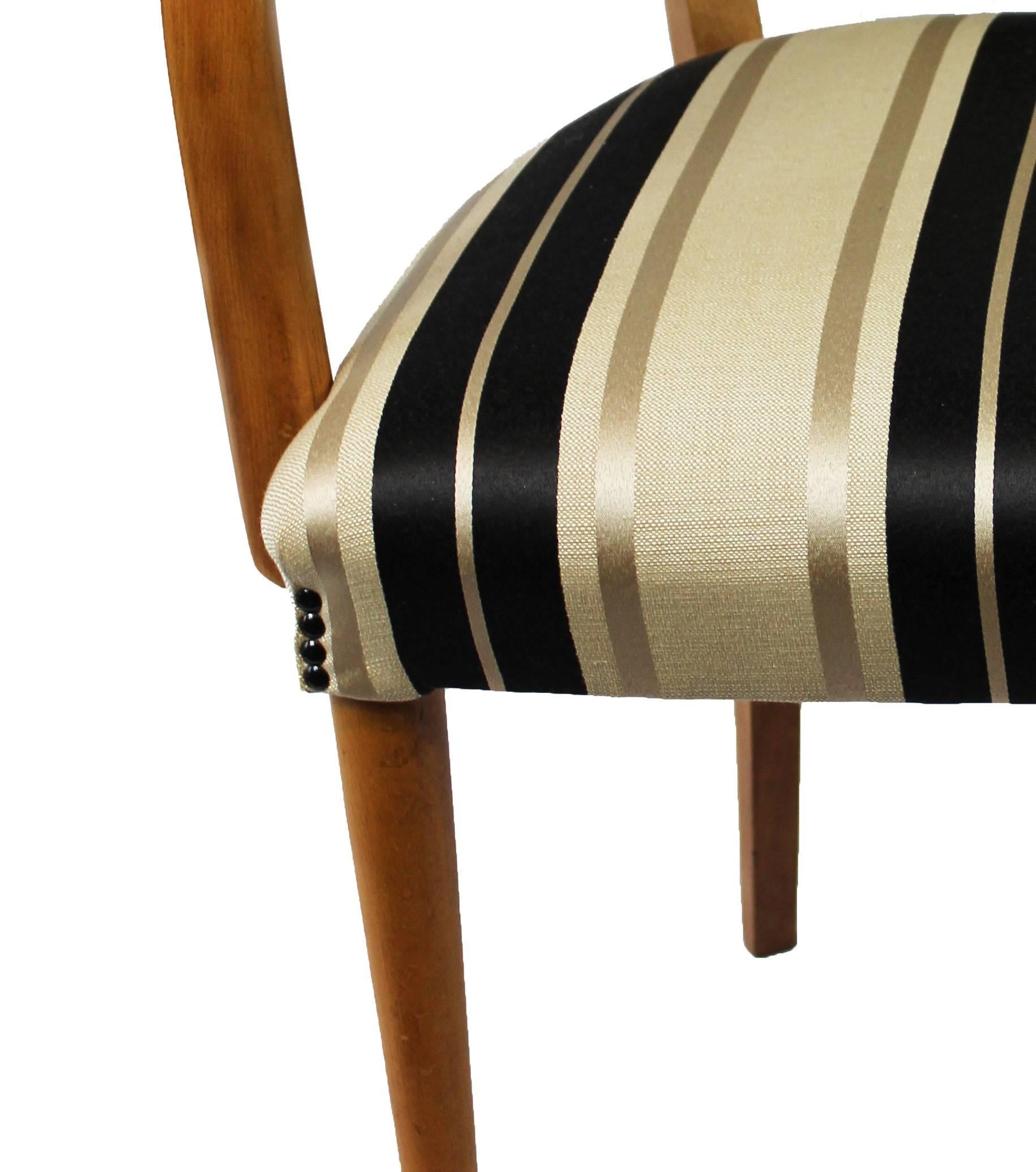 Desk chair made of olive wood and restored cushion in striped Italian jacquard. Made in Italy, circa 1940s.