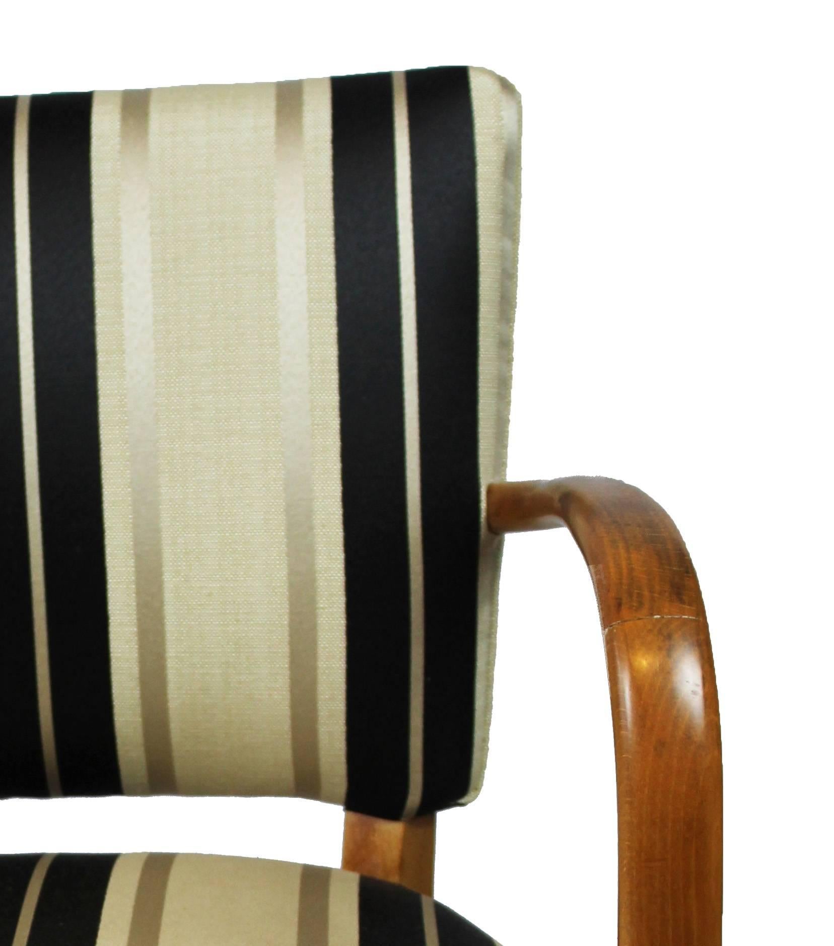 Olivewood Italian Desk Chair with Striped Jacquard Cushion, 1940s In Excellent Condition In Verona, IT