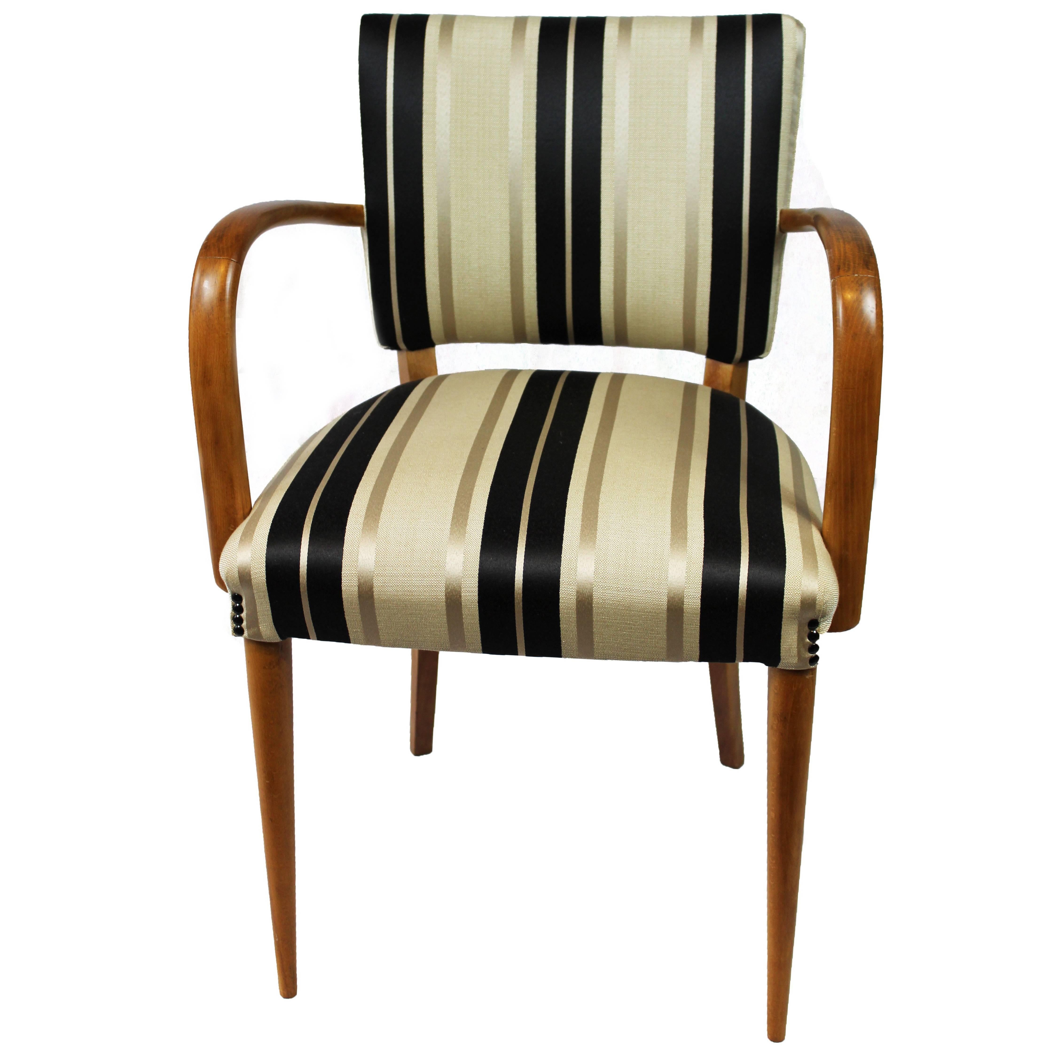 Olivewood Italian Desk Chair with Striped Jacquard Cushion, 1940s