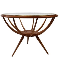 Olivewood Midcentury Italian Spider-Leg Table with Glass and Brass Base, 1950s