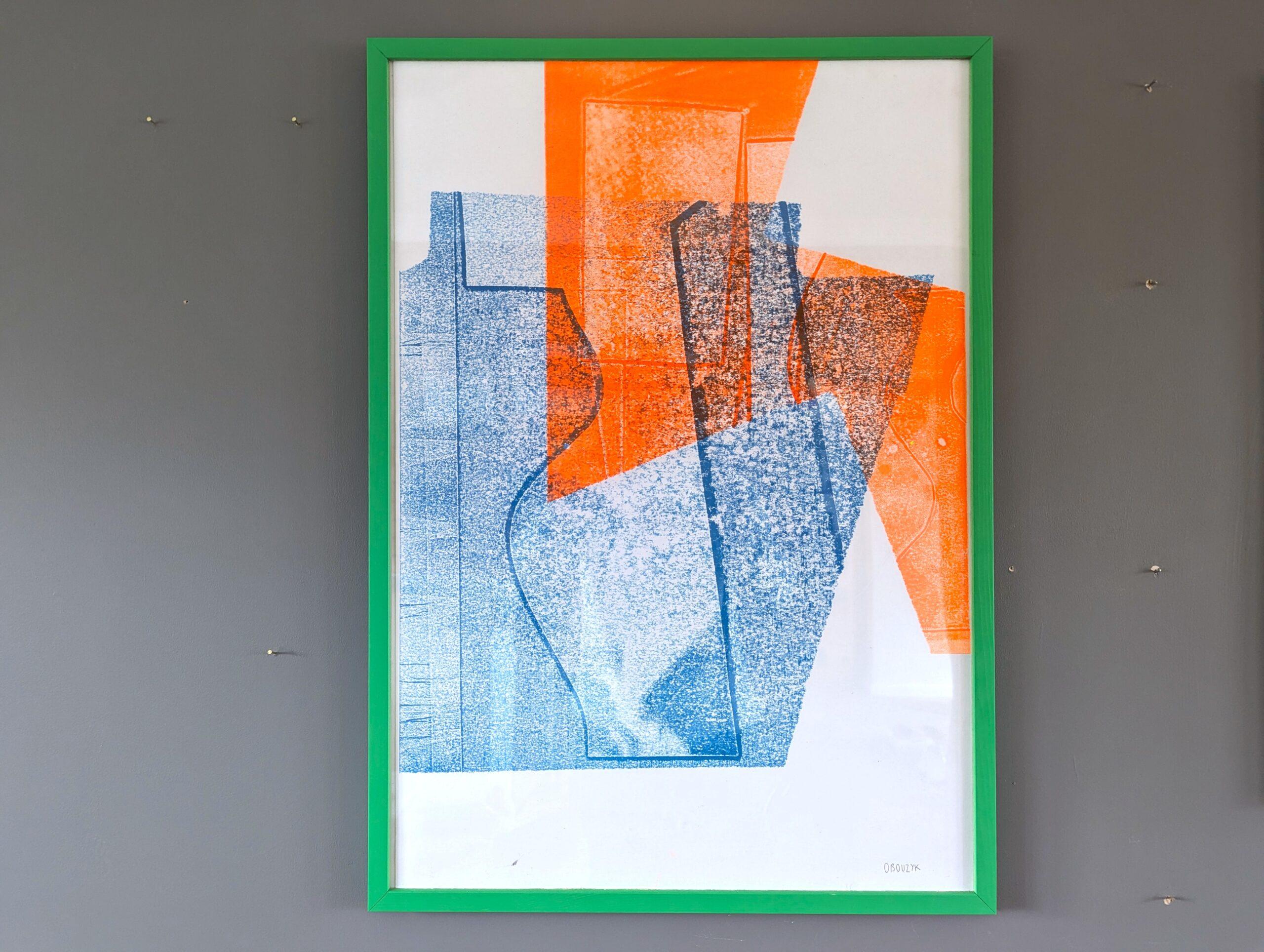 Monoprint astratto contemporaneo dell'artista britannica Olivia Bouzyk - Tutti gli angoli in vendita 1