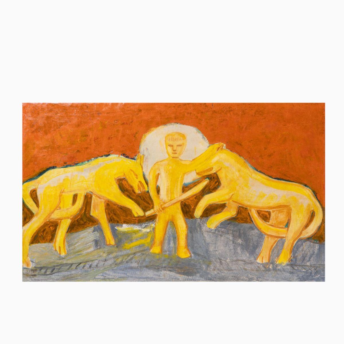 Olivia Holm-Møller (danoise, 1875-1970)
Titre : Daniel dans la fosse aux lions (danois : Daniel i Løvekulen)

Une œuvre puissante et expressive qui met en scène le célèbre récit biblique de Daniel dans la fosse aux lions.
Créée à la détrempe et à