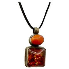 Olivia Newton-John Estate Amber Coral Silver Necklace Leather Guaranteed