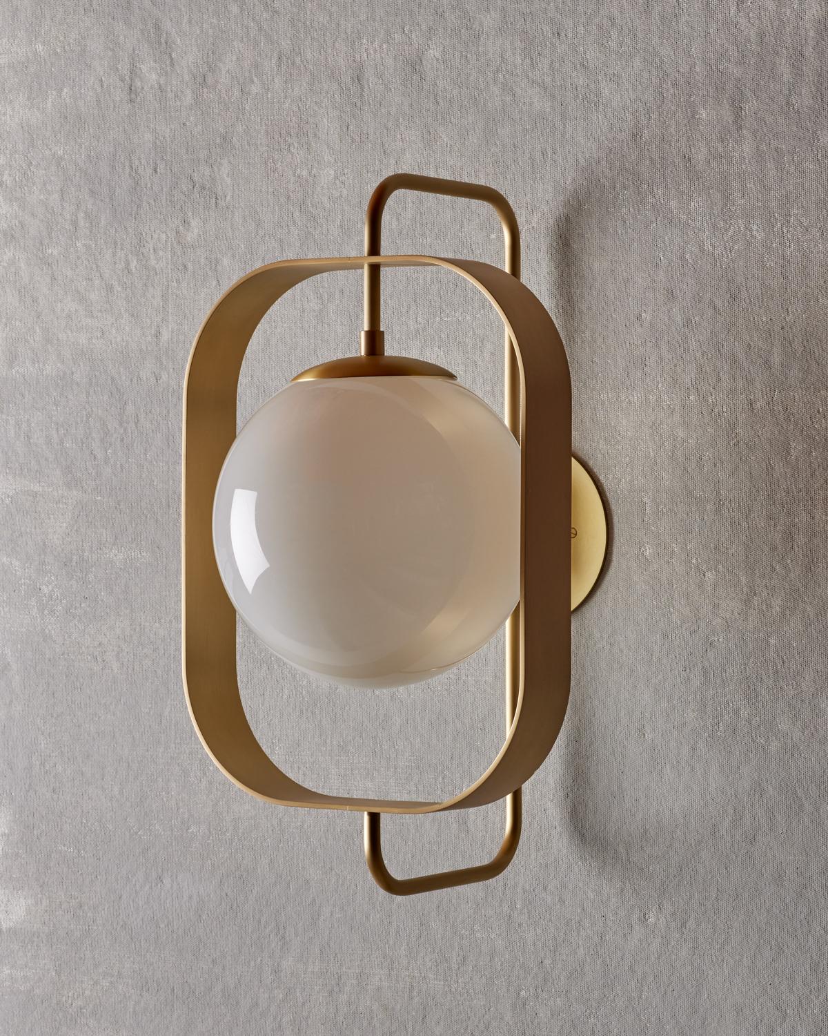 Olivia Sconce - Brushed Satin Brass - Milk Glass In New Condition For Sale In Philadelphia, PA
