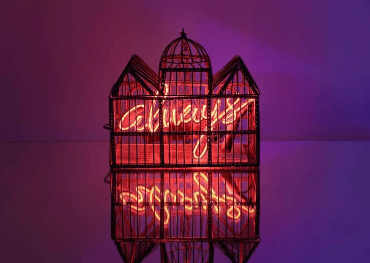 Olivia Steele
Always (Birdcage), 2022
Artist plaque included on reverse
Hand blown and colored neon, vintage birdcage, and mirror
9.06 x 9.45 x 4.72 inches
Edition of 3

This piece is currently on display at Art Angels in Los Angeles. 
