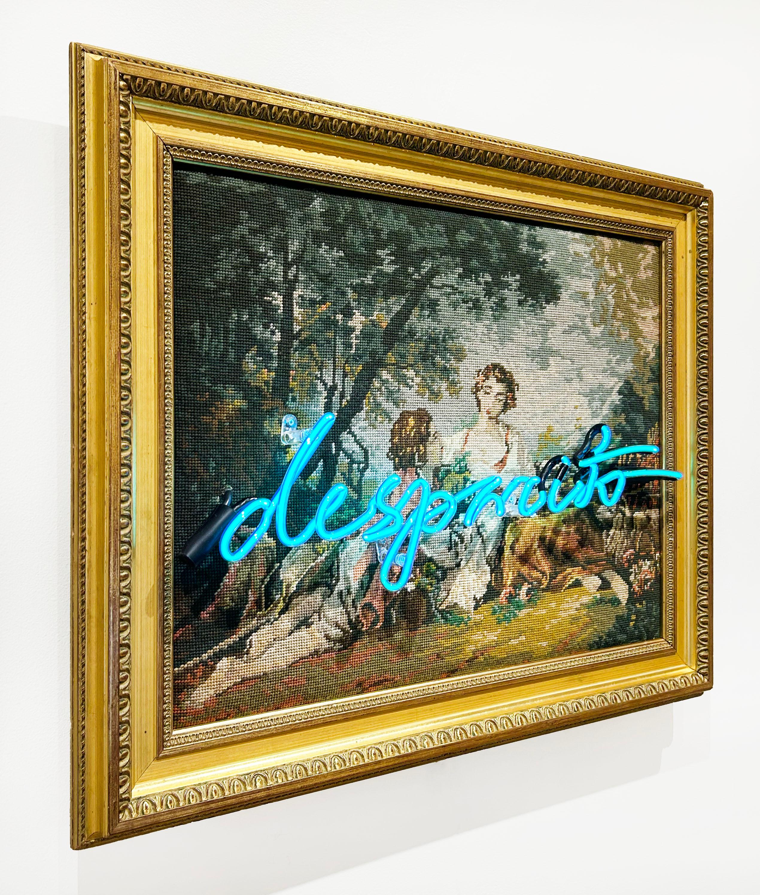 Artiste :  Steele, Olivia
Titre :  Despacito
Date :  2023
Moyen :  verre néon soufflé à la main, tapisserie à l'aiguille vintage, cadre en bois
Sans cadre Dimensions :  18