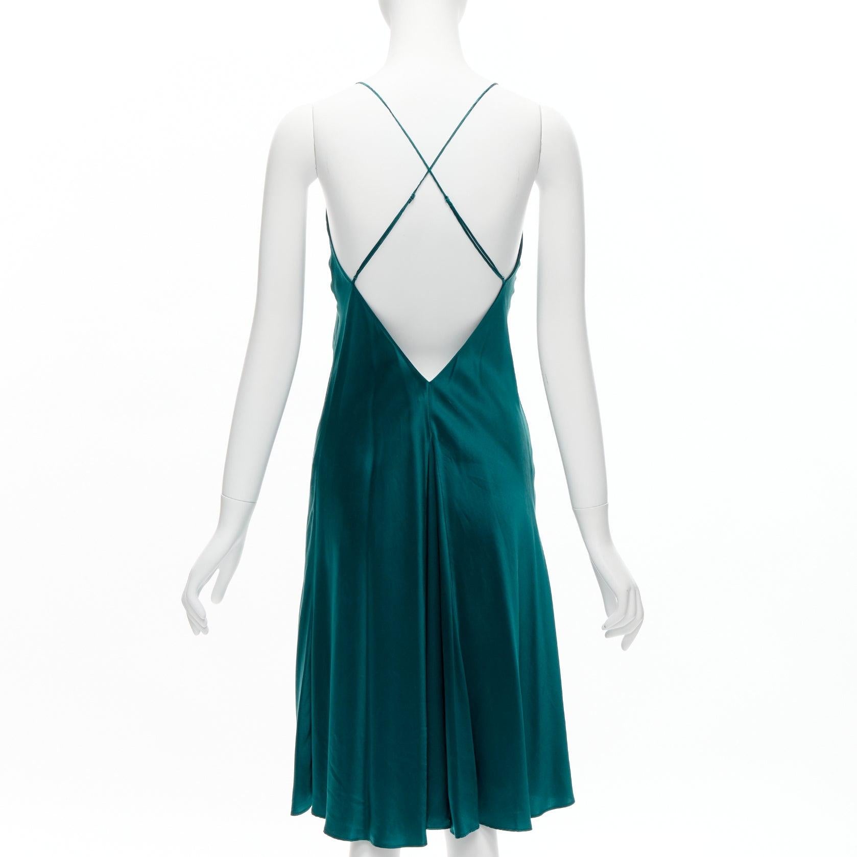 Women's OLIVIA VON HALLE 100% silk turquoise green satin strappy slip dress Size 1 XS