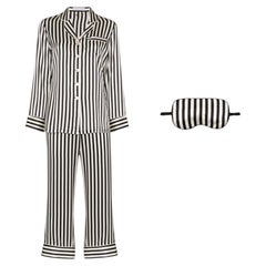 OLIVIA VON HALLE 3 PCS Signature Striped Silk Luxury Lounge Home Suit & Mask XS