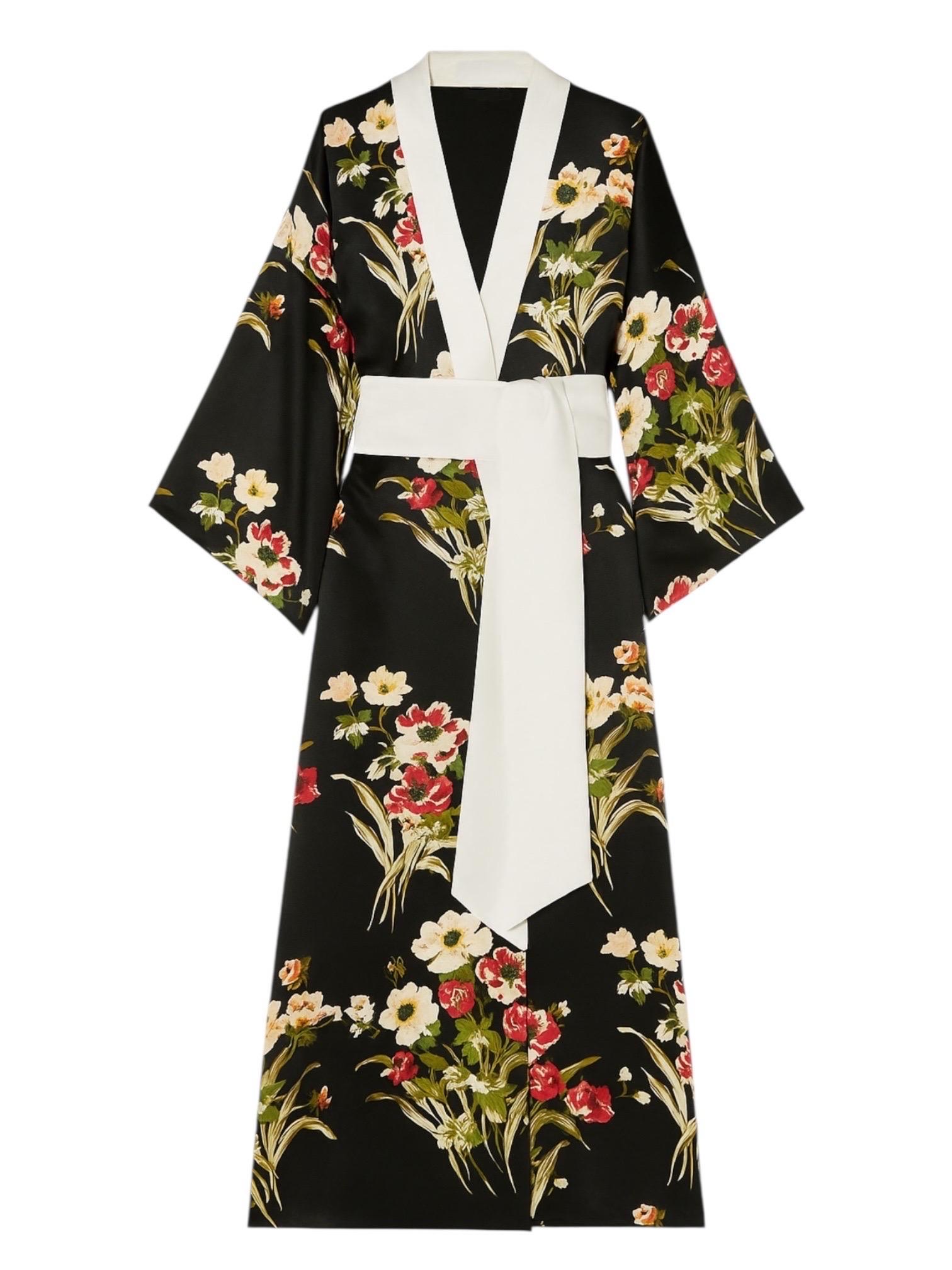 OLIVIA VON HALLE Bata de seda negra con estampado floral Kimono OS en venta 5