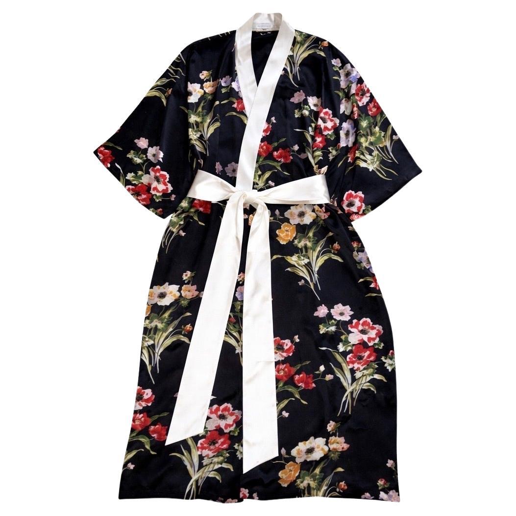 OLIVIA VON HALLE Black Floral Print Silk Dressing Gown Kimono Robe OS