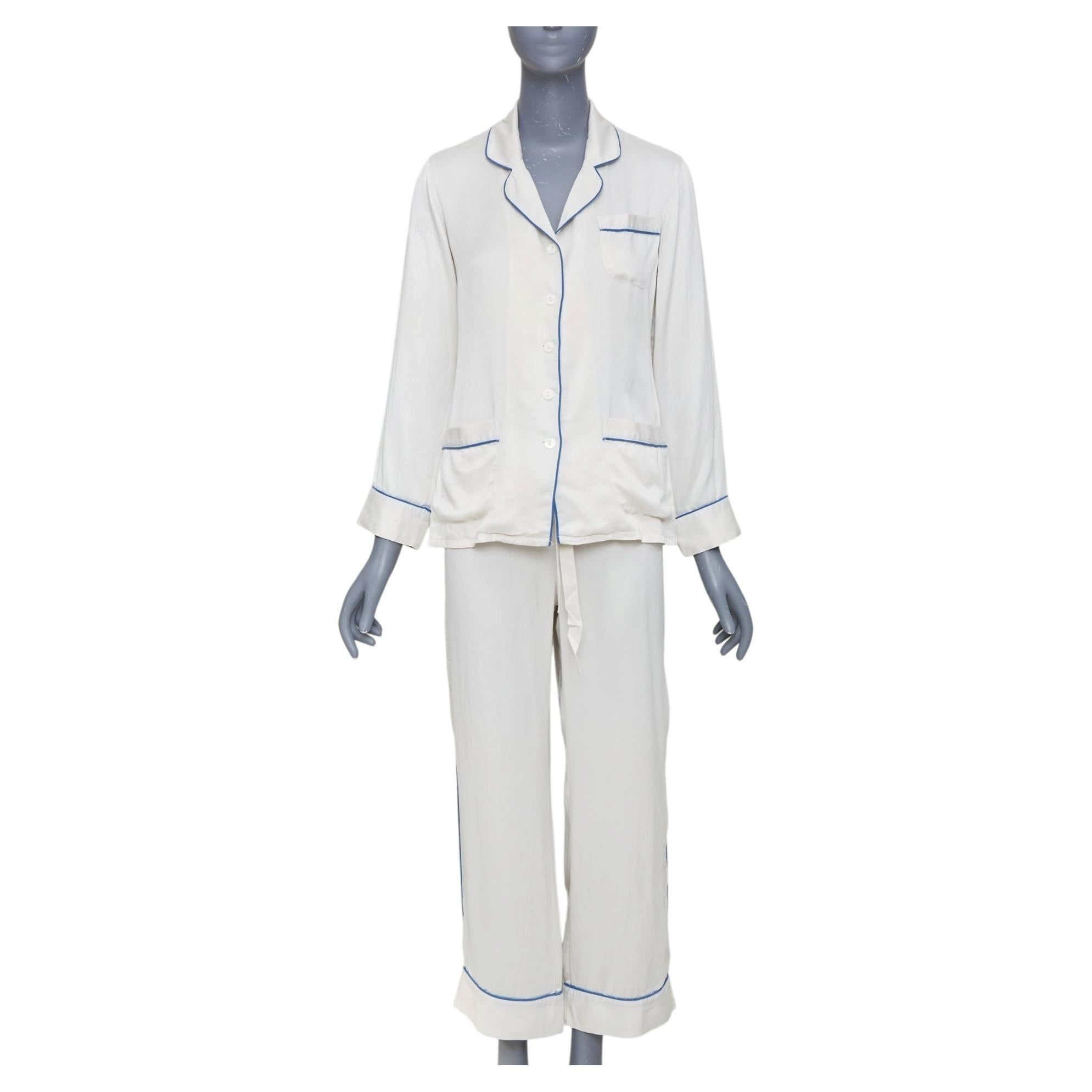 OLIVIA VON HALLE Coco ivory off white blue piping silk sleepwear set Sz1 S