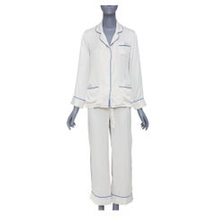 OLIVIA VON HALLE Coco ivory off white blue piping silk sleepwear set Sz1 S