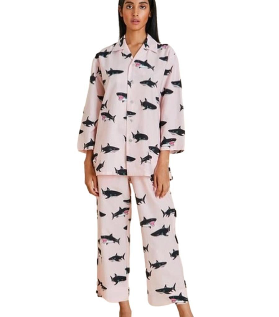 Olivia Von Halle Cotton & Silk Shark Print Pyjamas For Sale 5