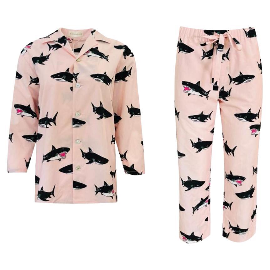 Olivia Von Halle Cotton & Silk Shark Print Pyjamas For Sale
