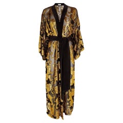 OLIVIA VON HALLE Vestaglia in seta con leone in lurex dorato Accappatoio Kimono OS