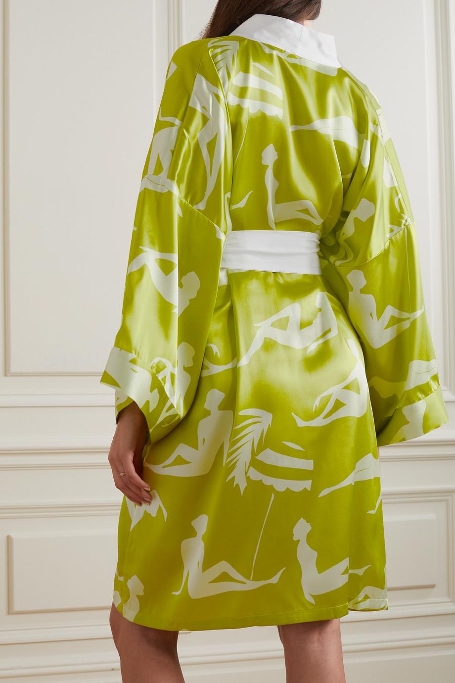 Yellow OLIVIA VON HALLE Lime Silhouette Print Silk Dressing Gown Kimono Robe OS