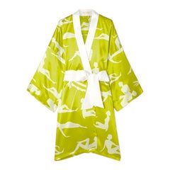 OLIVIA VON HALLE Lime Silhouette Print Silk Dressing Gown Kimono Robe OS