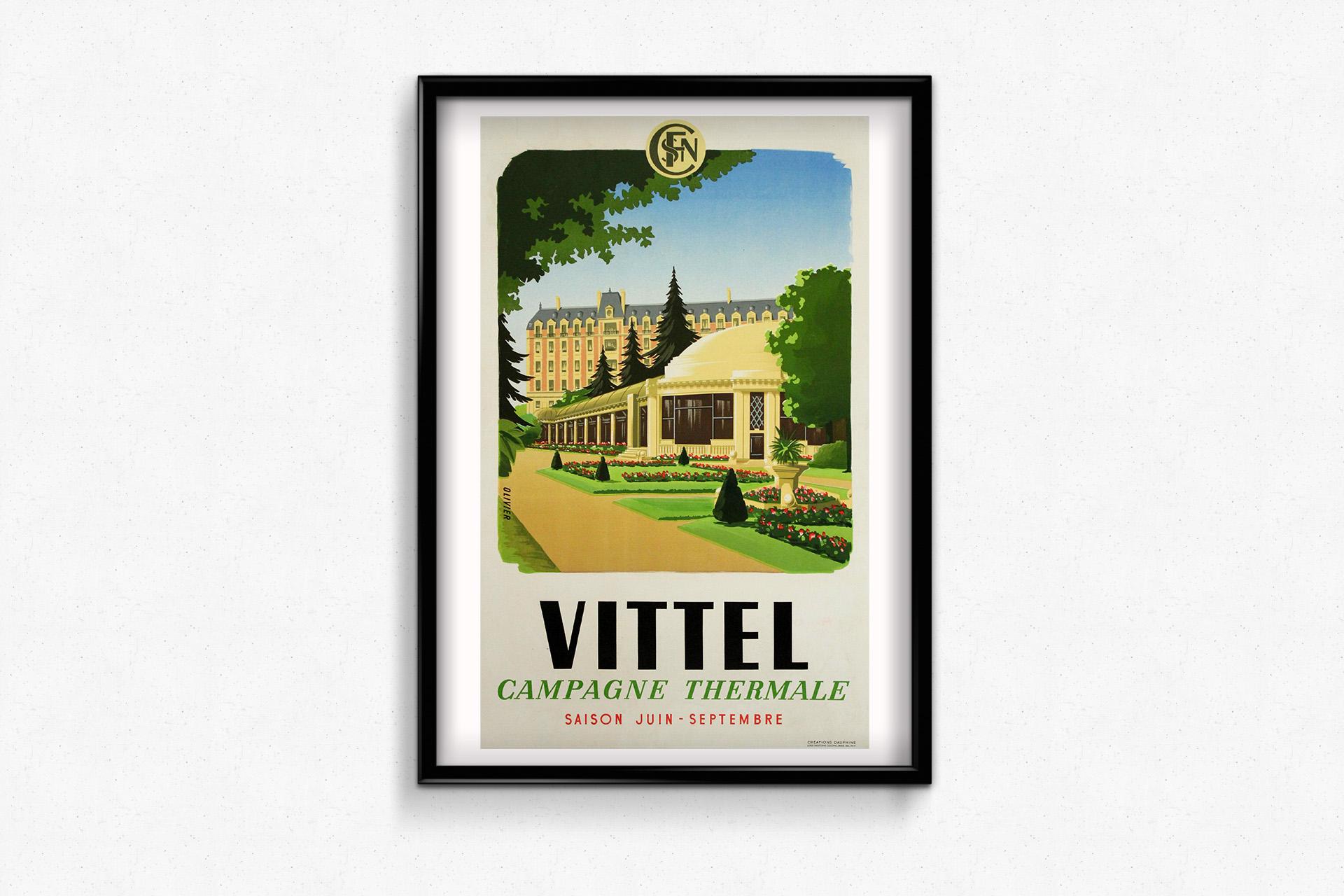 This elegant and serene original travel poster from the 1940s, designed by the artist Olivier, was produced for the SNCF, the French national railway, to promote the thermal spa destination of Vittel during its high season—from June to