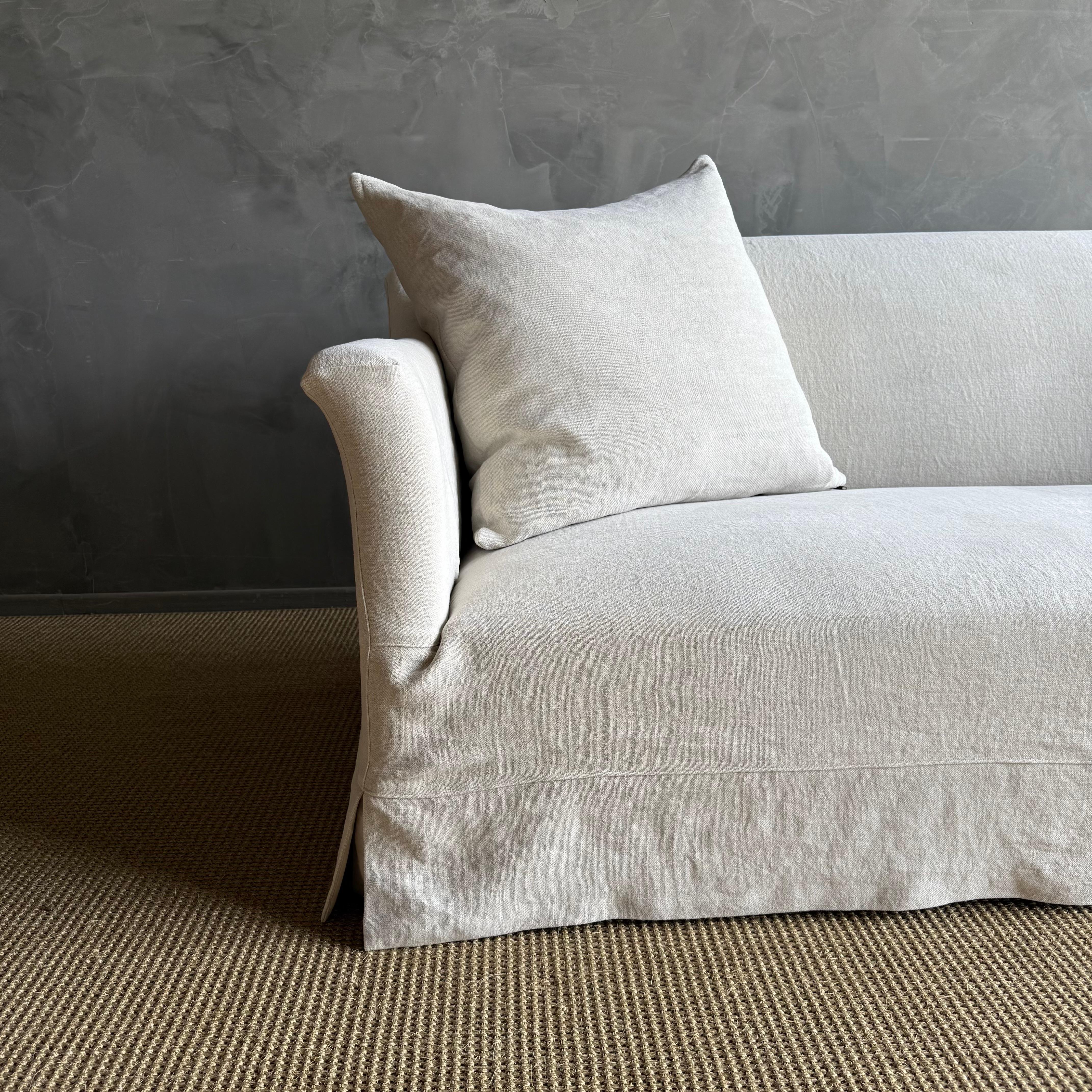 American Olivier Belgian Style Slip Covered Sofa in 100% Linen For Sale