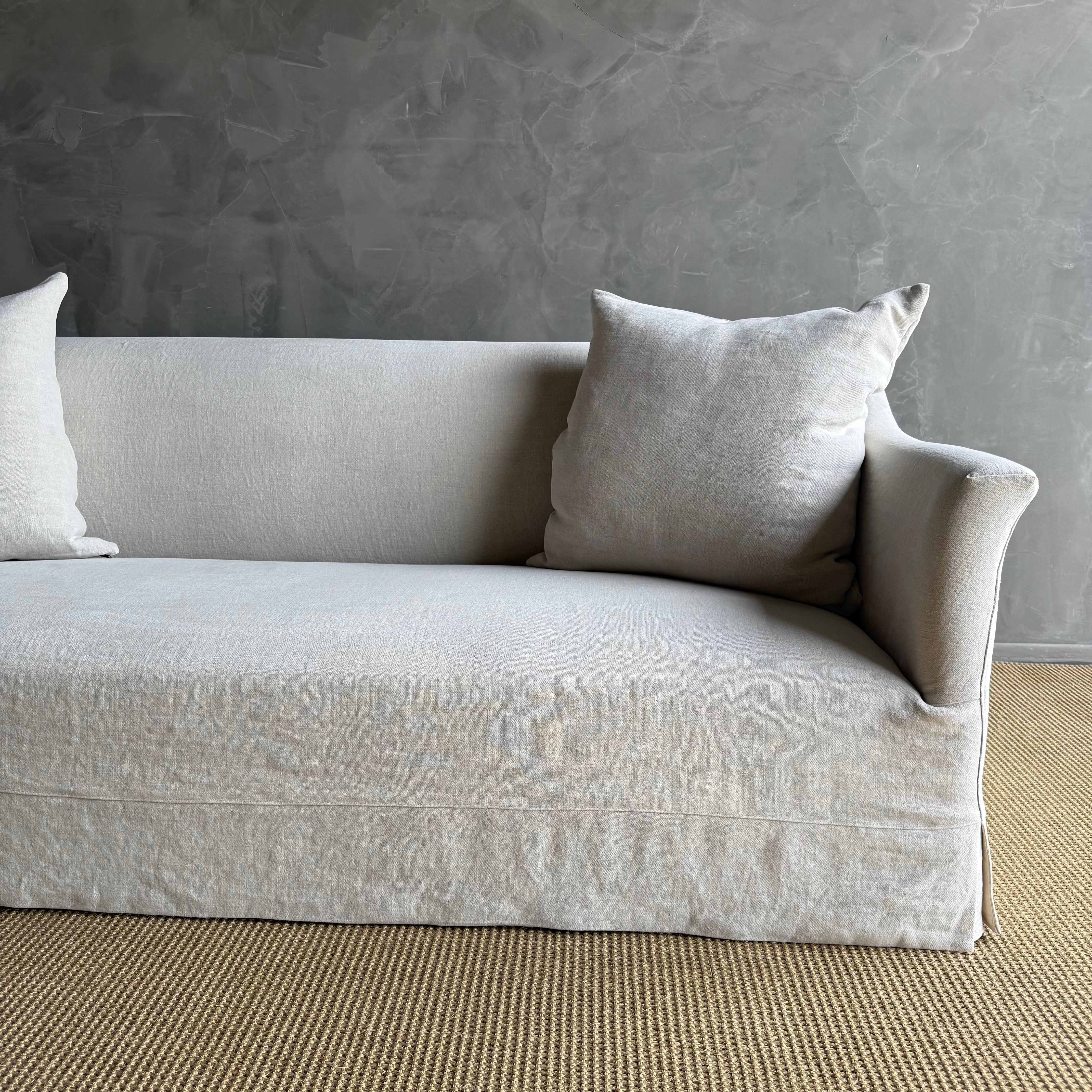 Olivier Belgian Style Slip Covered Sofa in 100% Linen In New Condition For Sale In Old Town Orange, CA