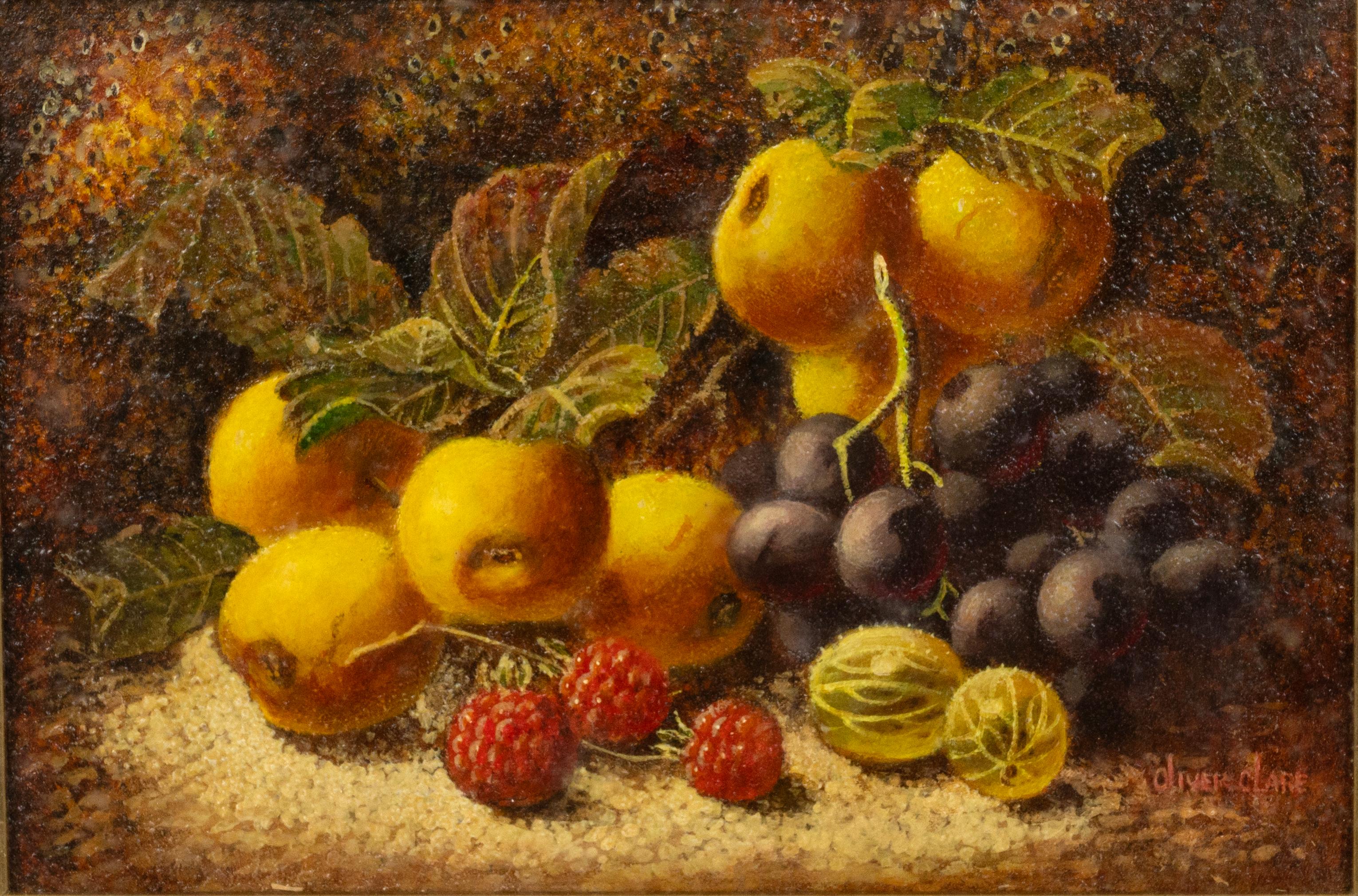 Fruit Composition on a mossy bank, oil on wood, signed lower right 2