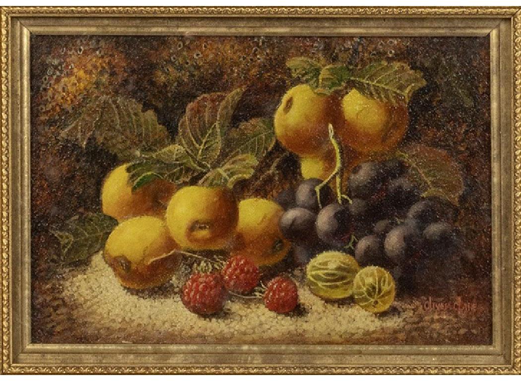 Fruit Composition on a mossy bank, oil on wood, signed lower right - Painting by Olivier Clare
