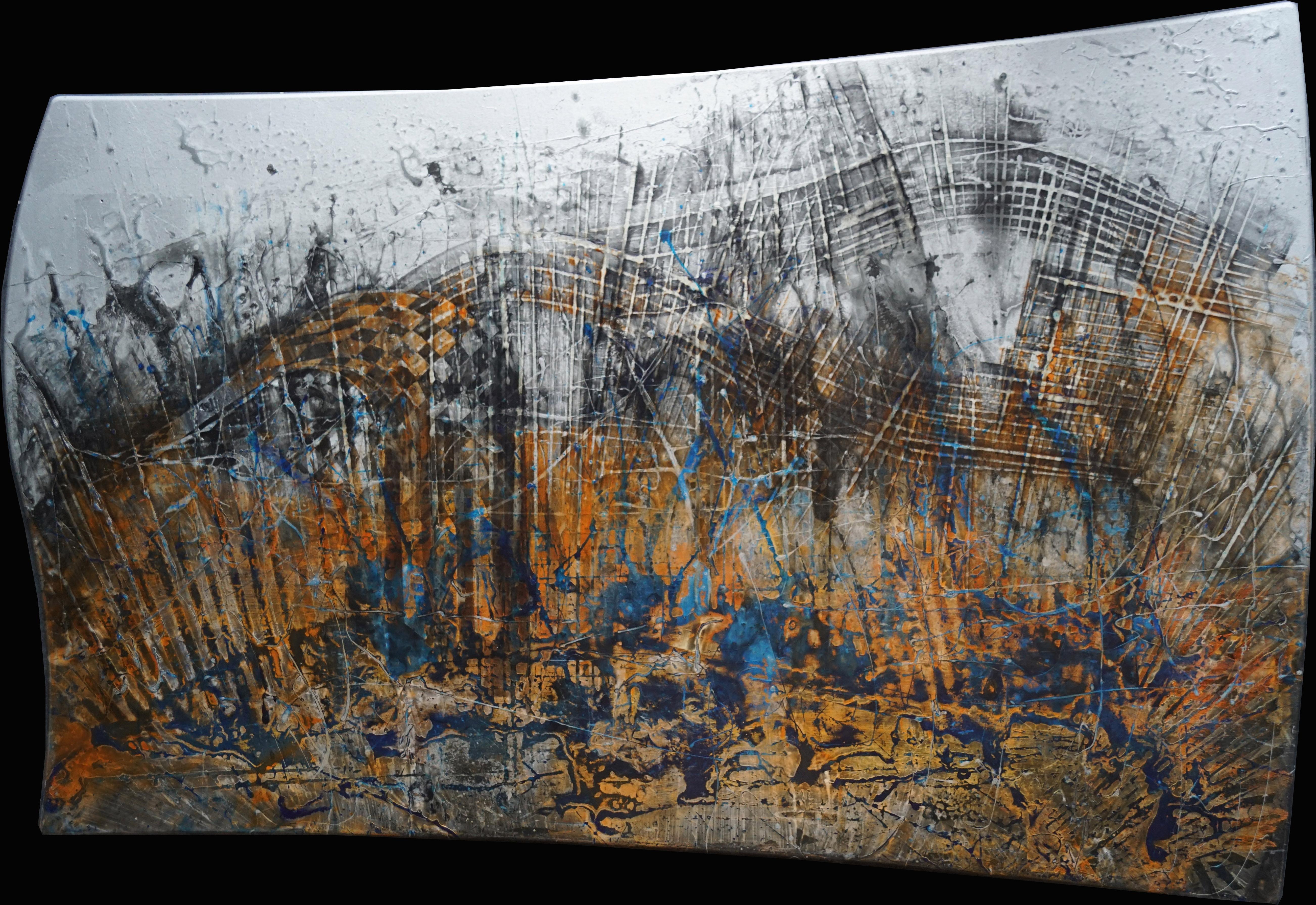Abstract Painting di Olivier Ebel - "7ème pas vague" astratto, vernice a spruzzo pigmenti su  Wood 128x88cm