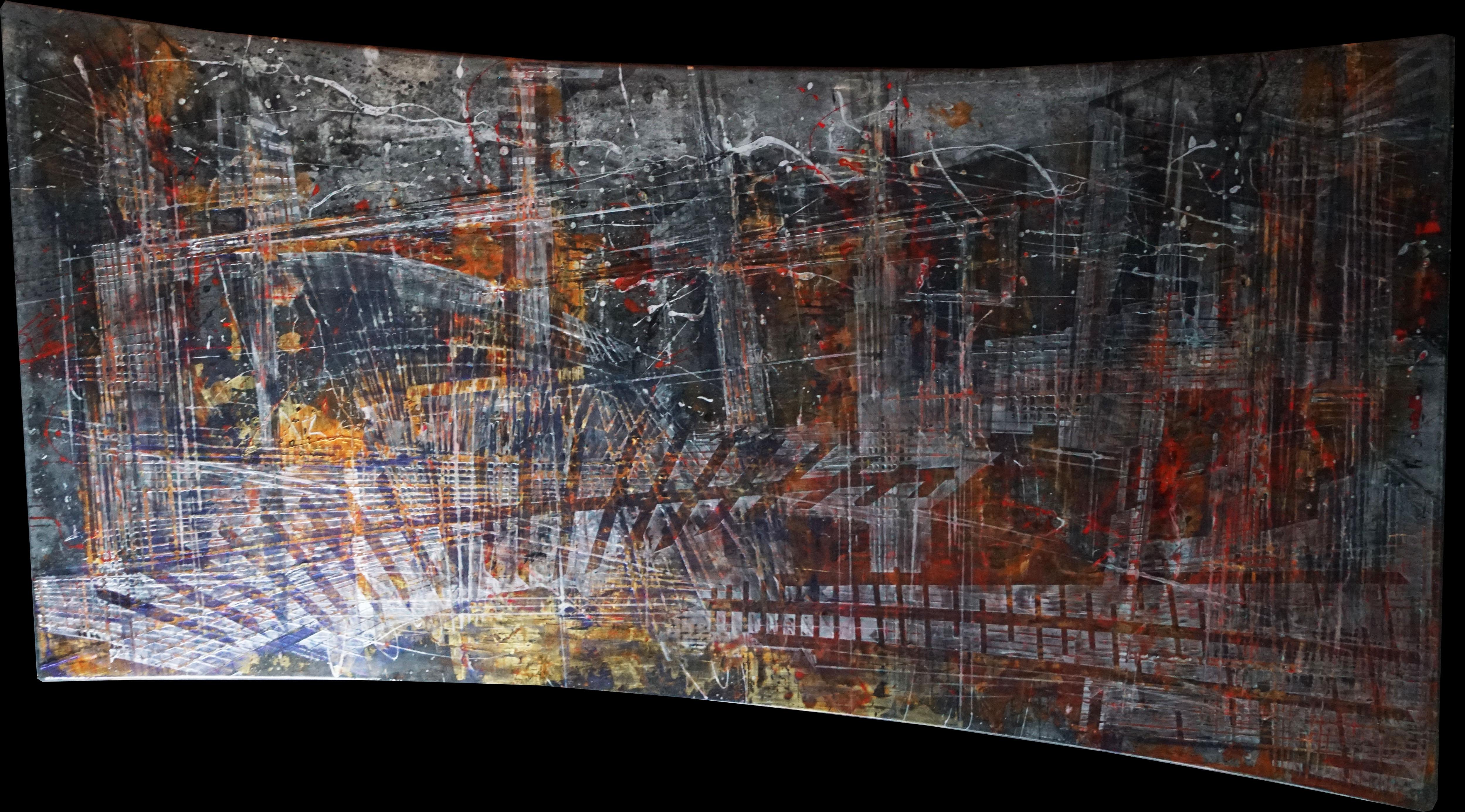 Olivier Ebel Abstract Painting - "Black City" abstract painting  varnishes pigment on wood 210x120cm