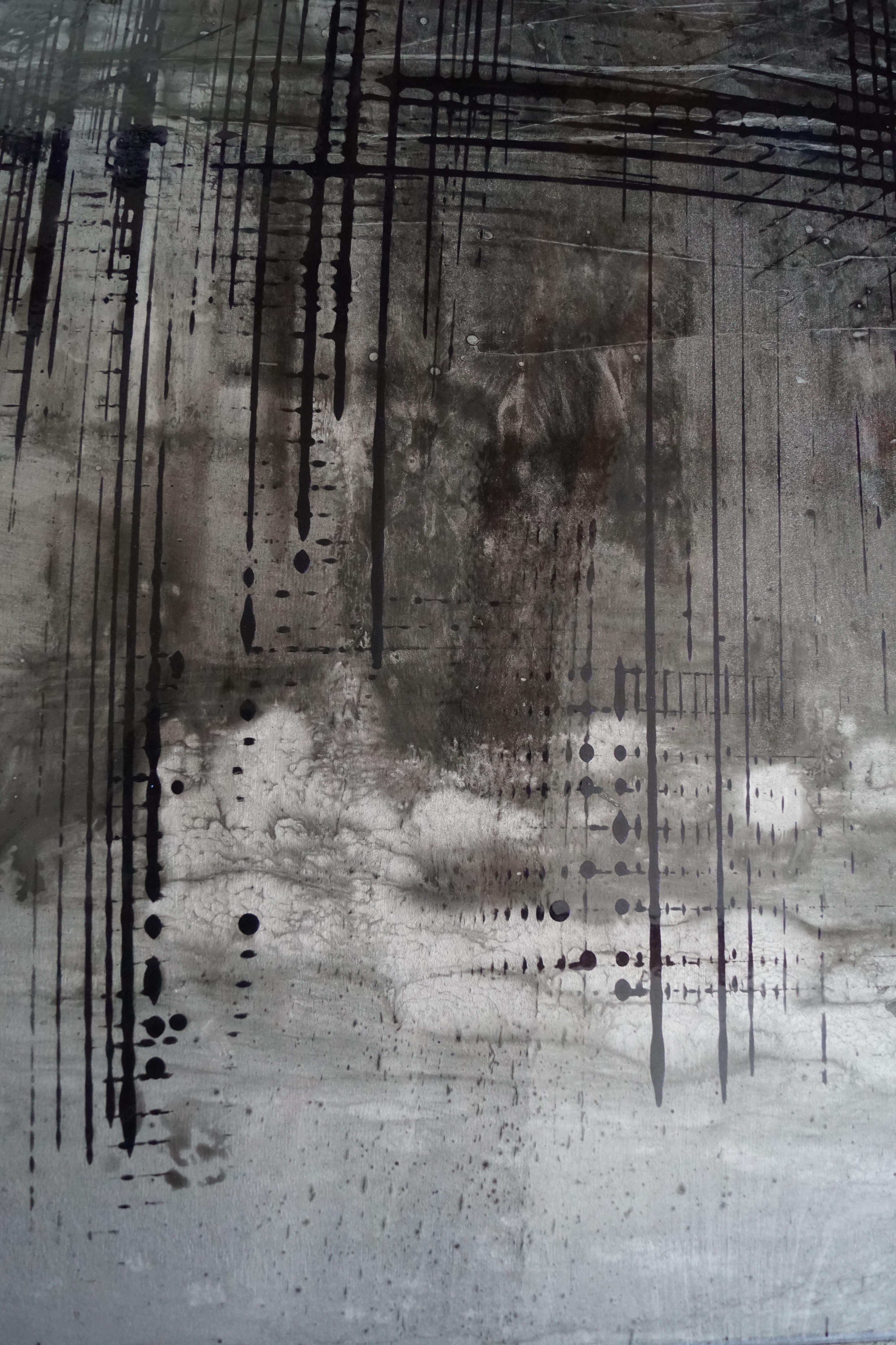 „Coucou 2“ Abstrakte Lackierung von Pigmenten auf Holzplatte 125x100cm  2021 (Grau), Abstract Painting, von Olivier Ebel