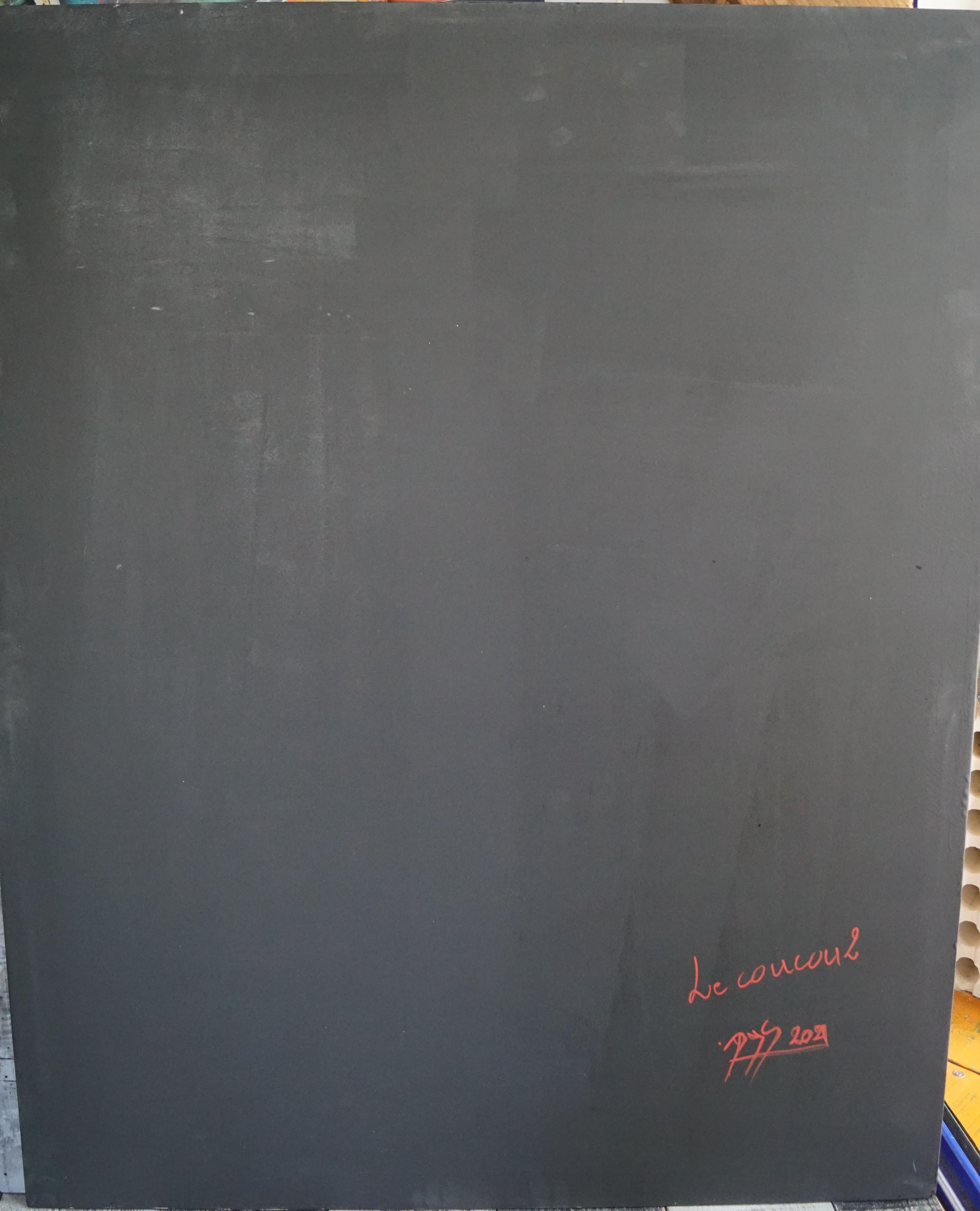 „Coucou 2“ Abstrakte Lackierung von Pigmenten auf Holzplatte 125x100cm  2021 im Angebot 4