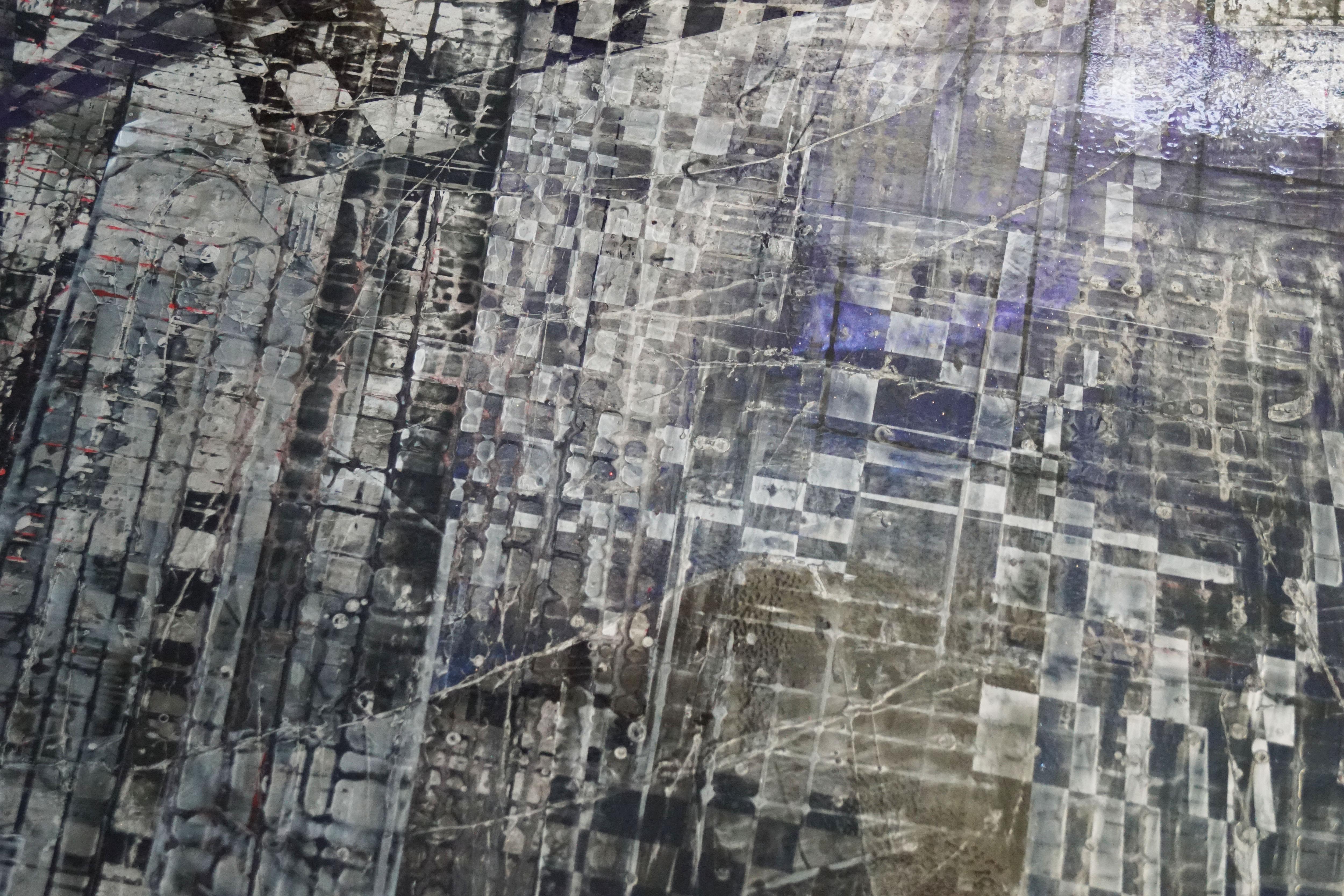 La peinture abstraite  Fragmentation   Vernis au pigment sur bois 145 x 145 cm - Painting de Olivier Ebel