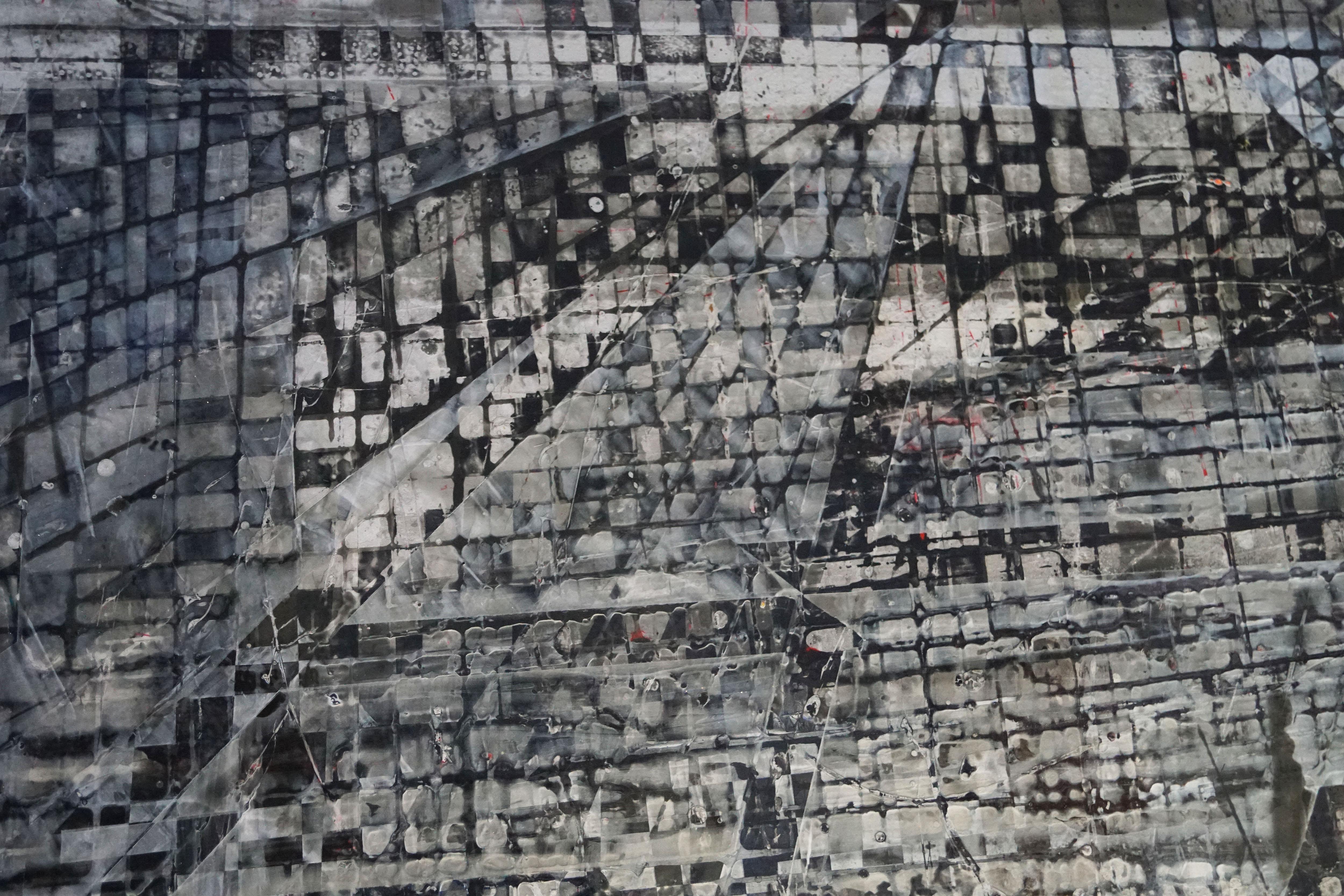 La peinture abstraite  Fragmentation   Vernis au pigment sur bois 145 x 145 cm - Abstrait Painting par Olivier Ebel