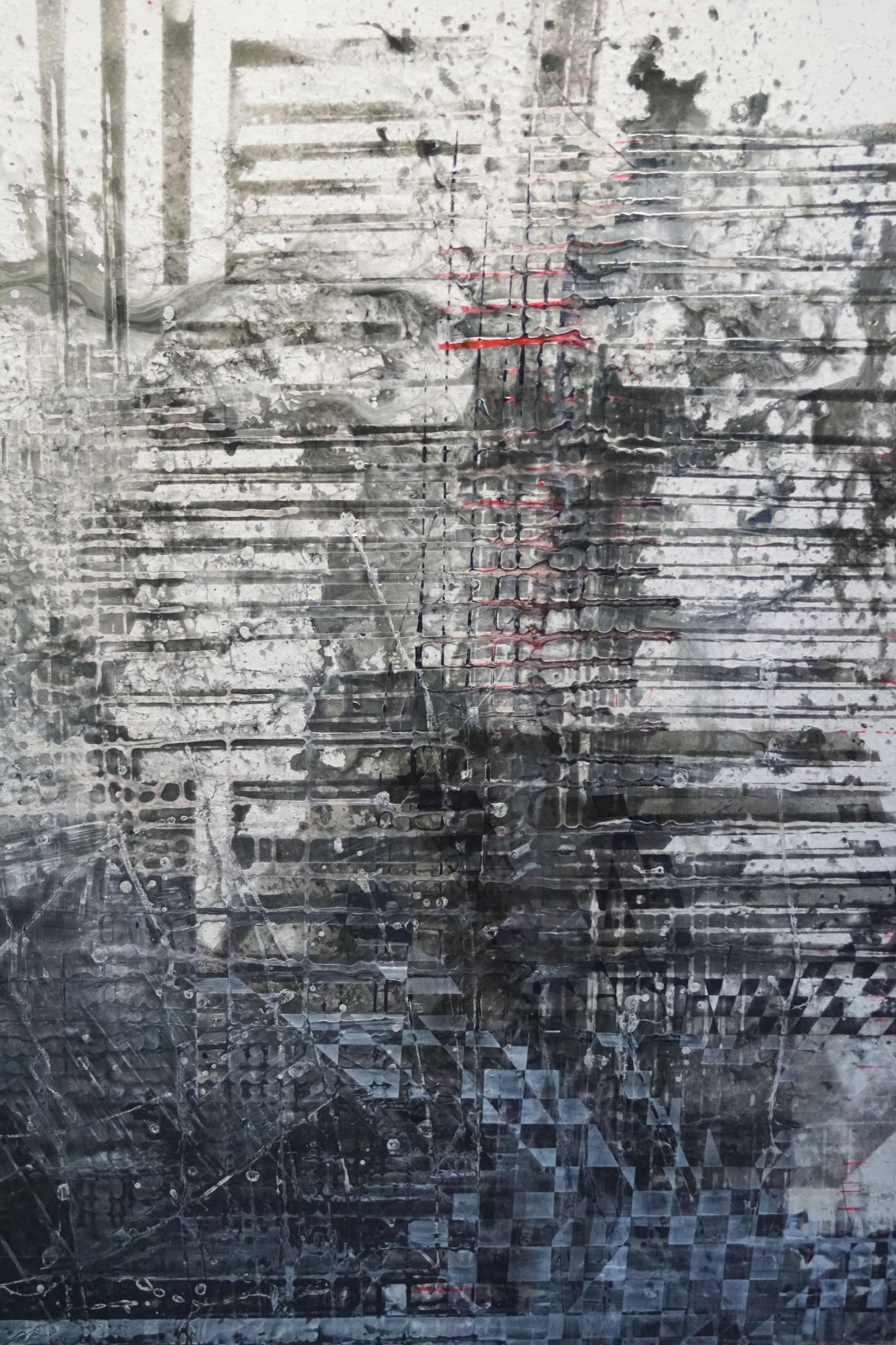 La peinture abstraite  Fragmentation   Vernis au pigment sur bois 145 x 145 cm - Gris Abstract Painting par Olivier Ebel