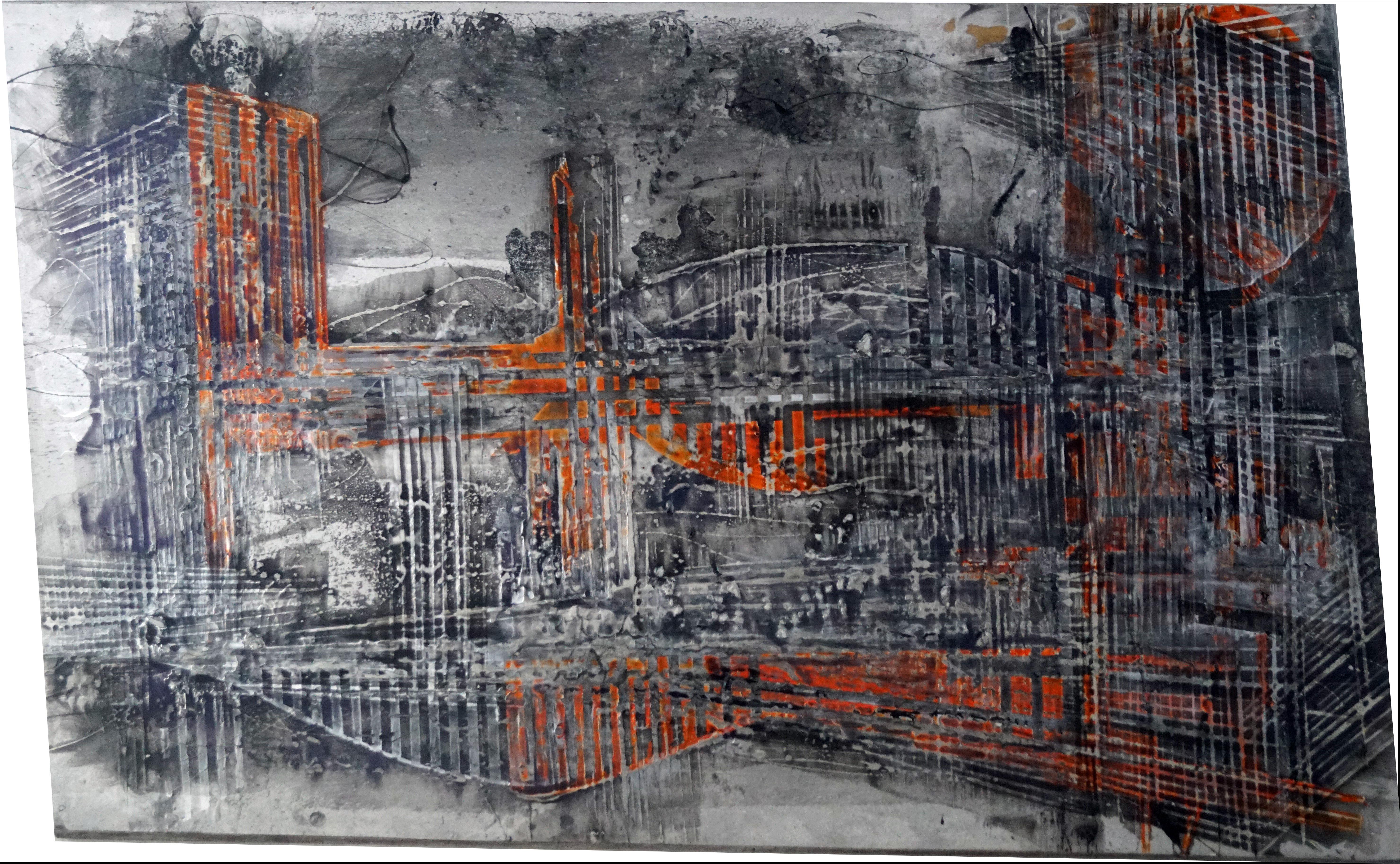 Olivier Ebel Abstract Painting - "From one bridge to another" abstract varnishes pigment on wood 160x90cm