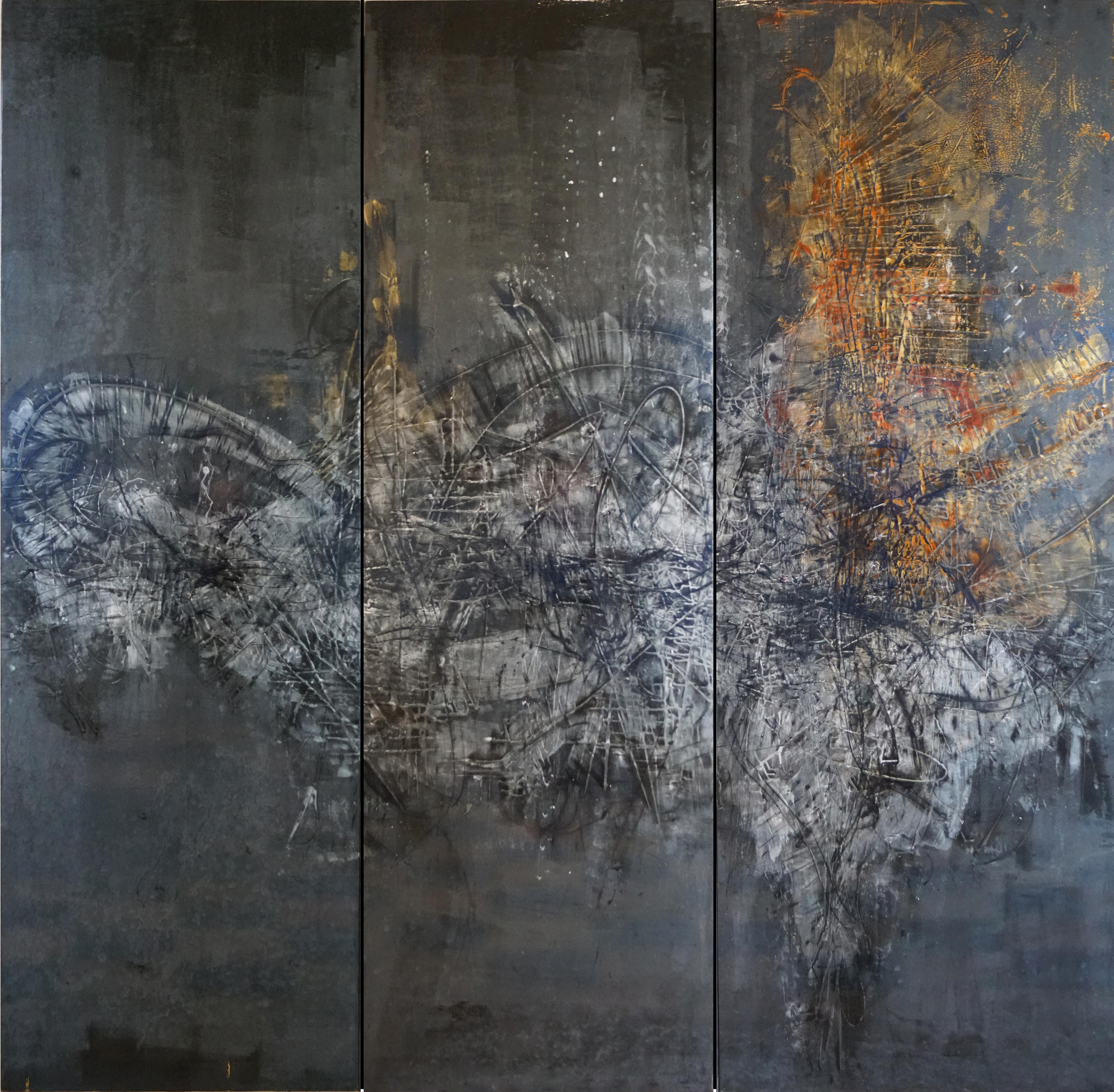 Olivier Ebel Abstract Painting - "Indian" abstract painting  varnishes pigment on wood  triptyque 250x250cm 